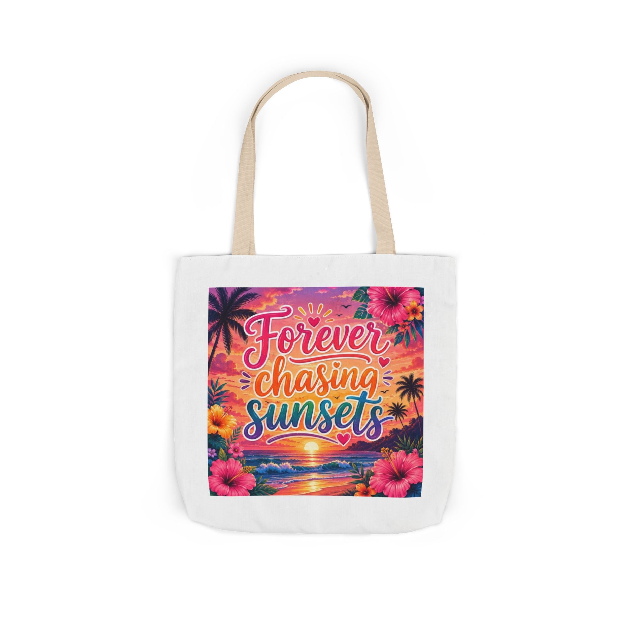 Forever Chasing Sunsets Canvas Tote — Beach Sunset Tote Bag with Colorful Straps