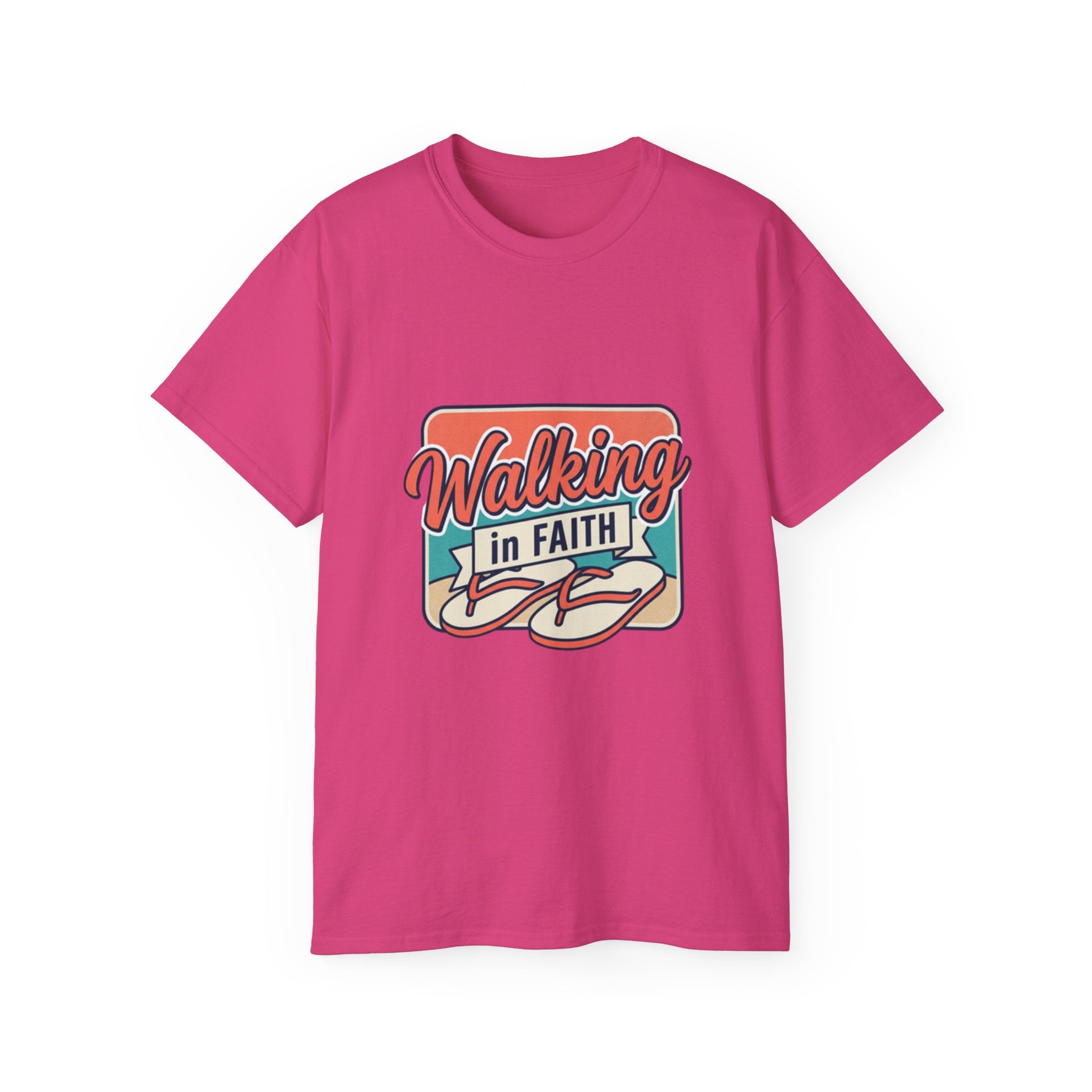 Walking in Faith Beach T-Shirt in pink featuring a colorful design with beach-inspired graphics.