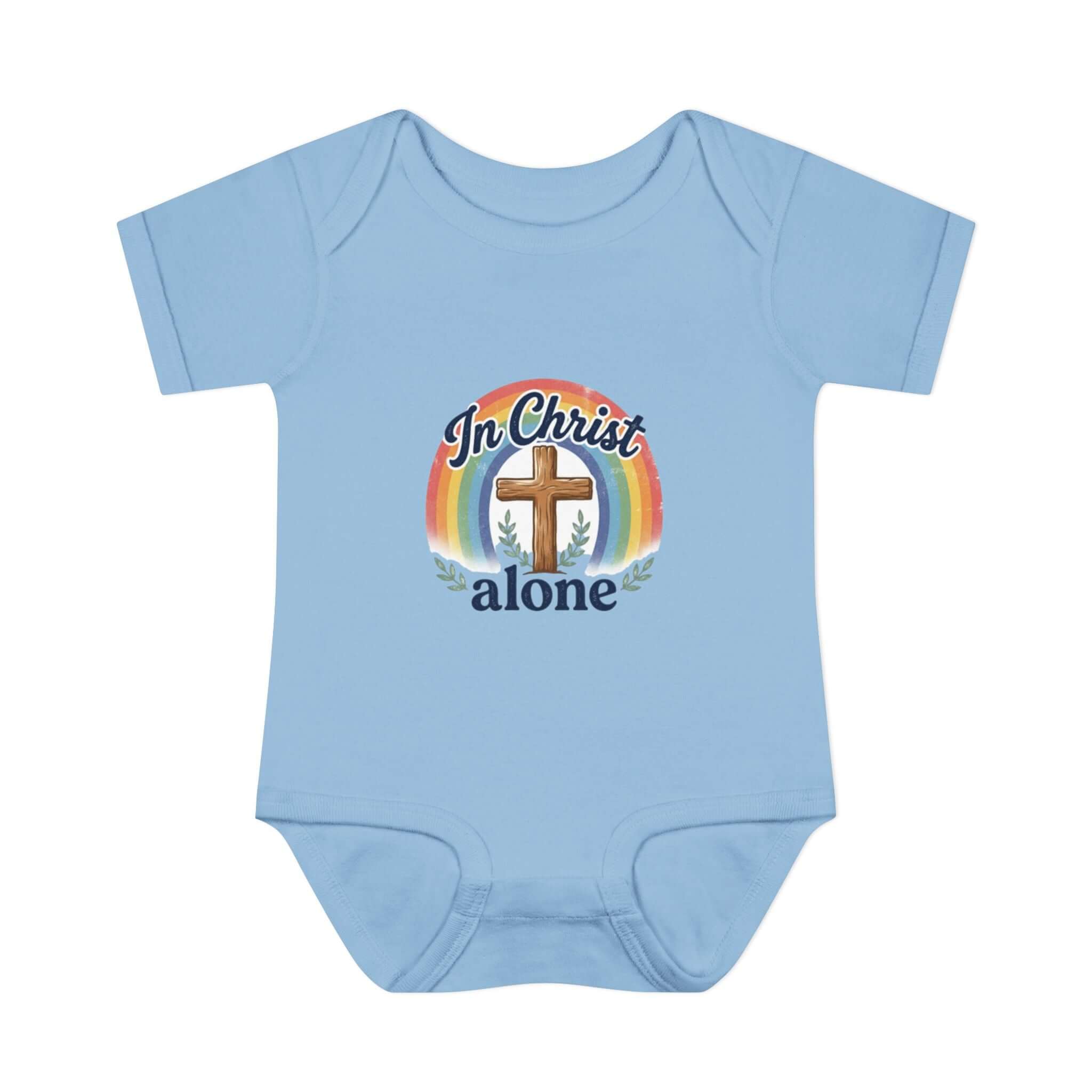 Infant Apparel blue  "In Christ Alone" Cross Rainbow Christian Baby Onesie