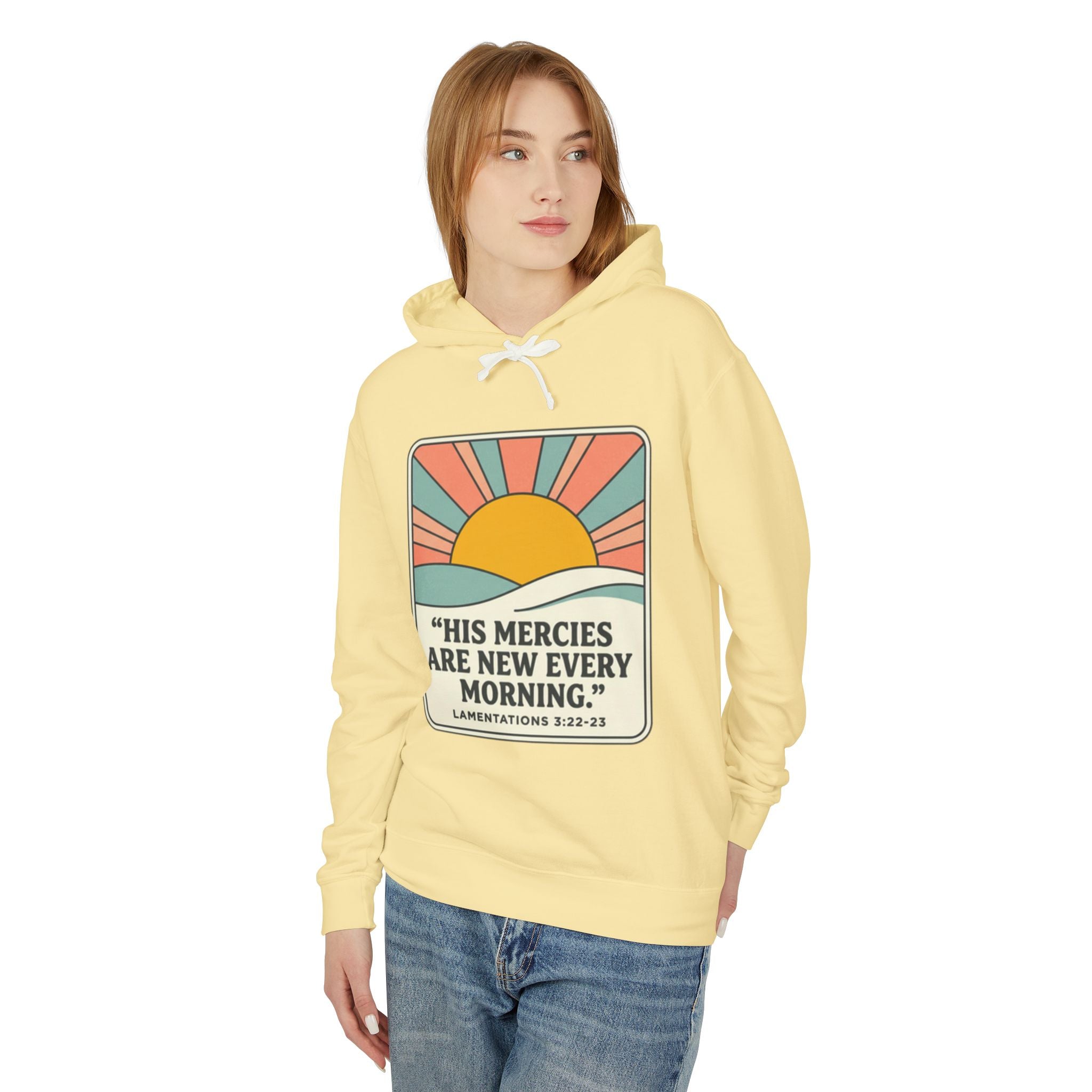 Christian Hooded Sweatshirt featuring the quote "His mercies are new every morning" with a sunrise design.