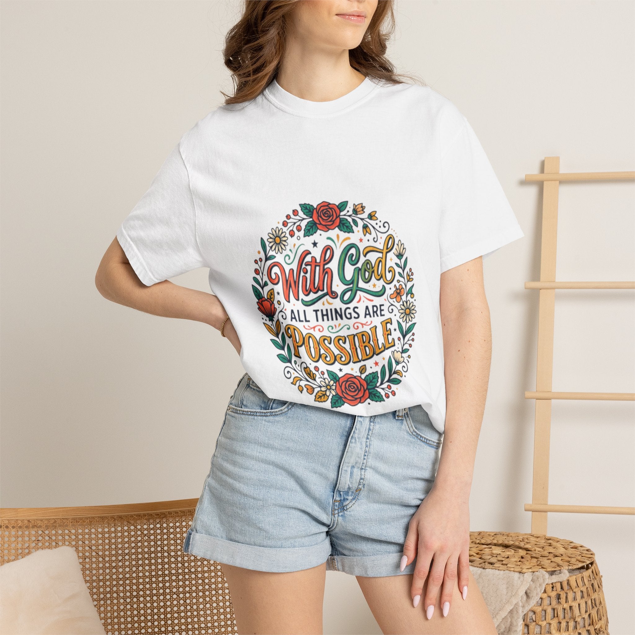 T-Shirt — "With God All Things Are Possible" Floral Faith Tee