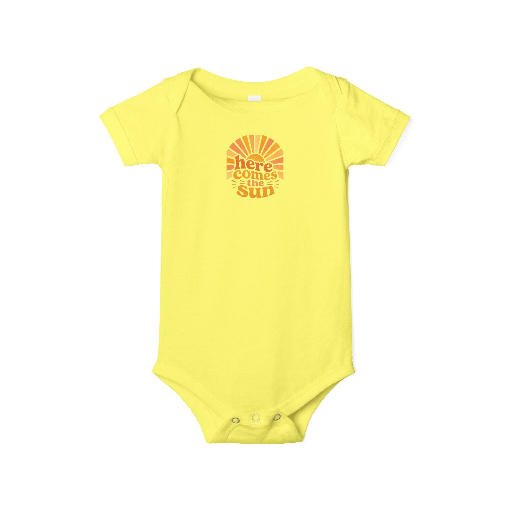 Cute Baby Bodysuit in bright yellow with the phrase 'Here Comes The Sun' printed on the front.