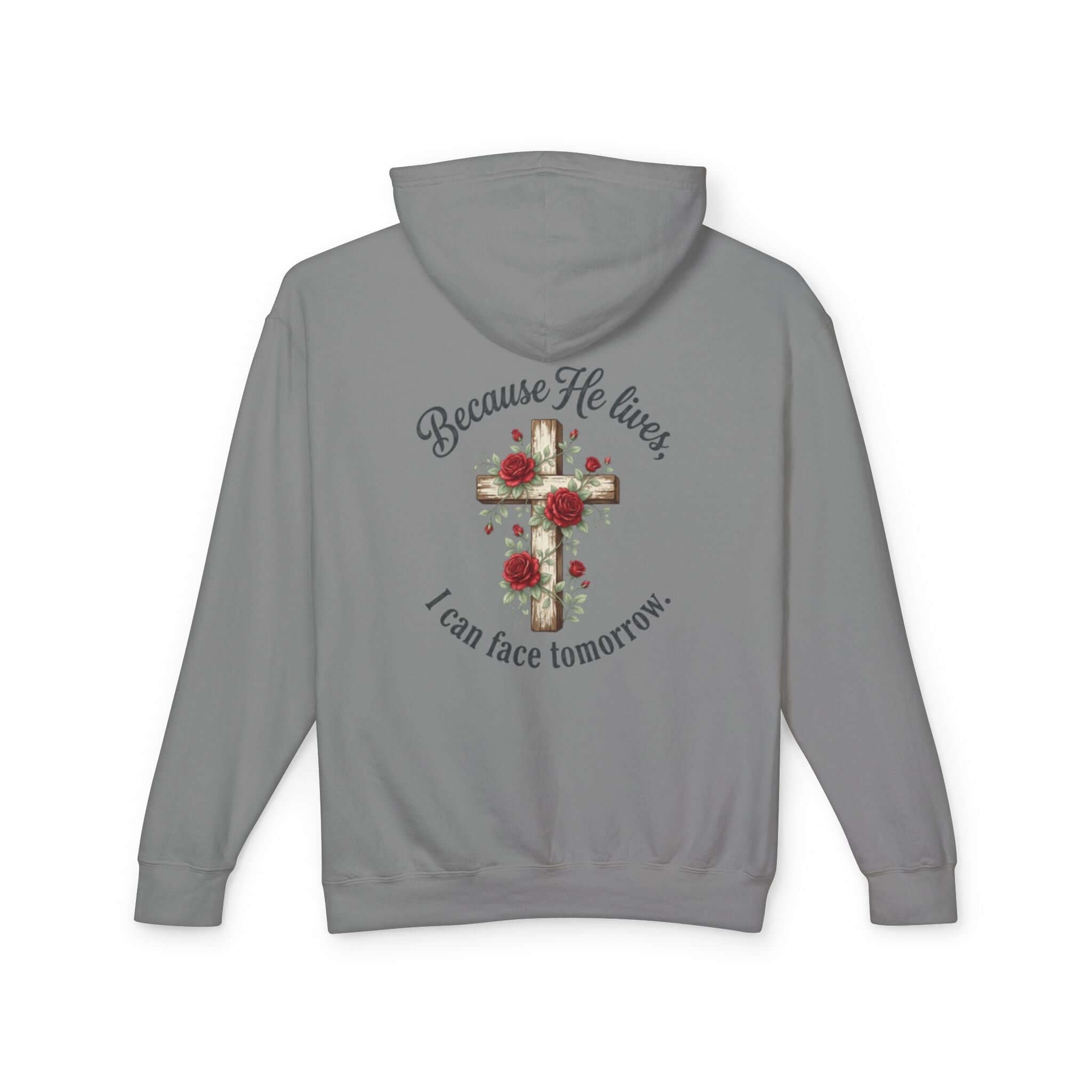 Christian sweatshirt featuring a gray  cross design, perfect for casual wear and expressing faith.