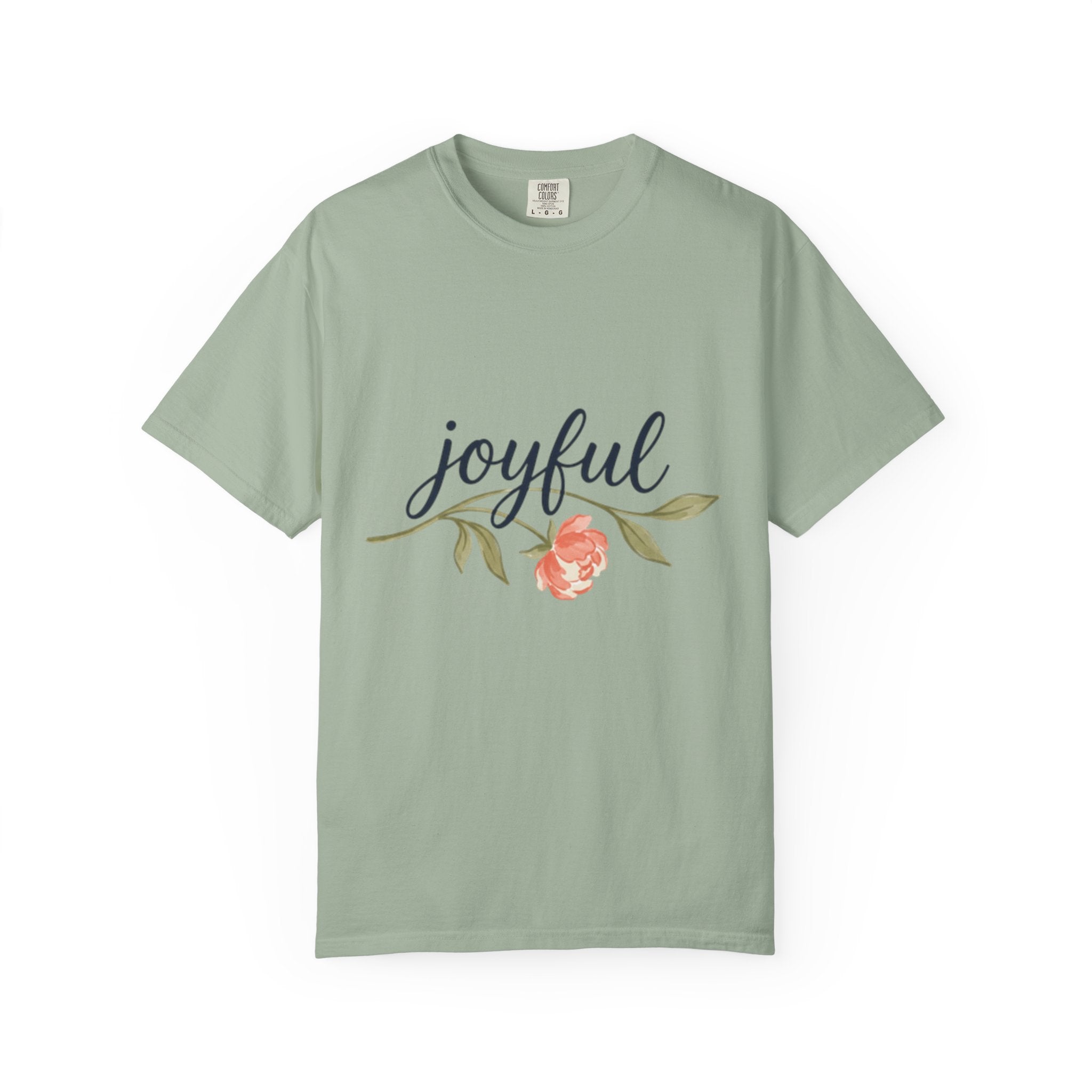 Joyful Flower T-Shirt for Women displayed in a light green color with a floral design and joyful text.