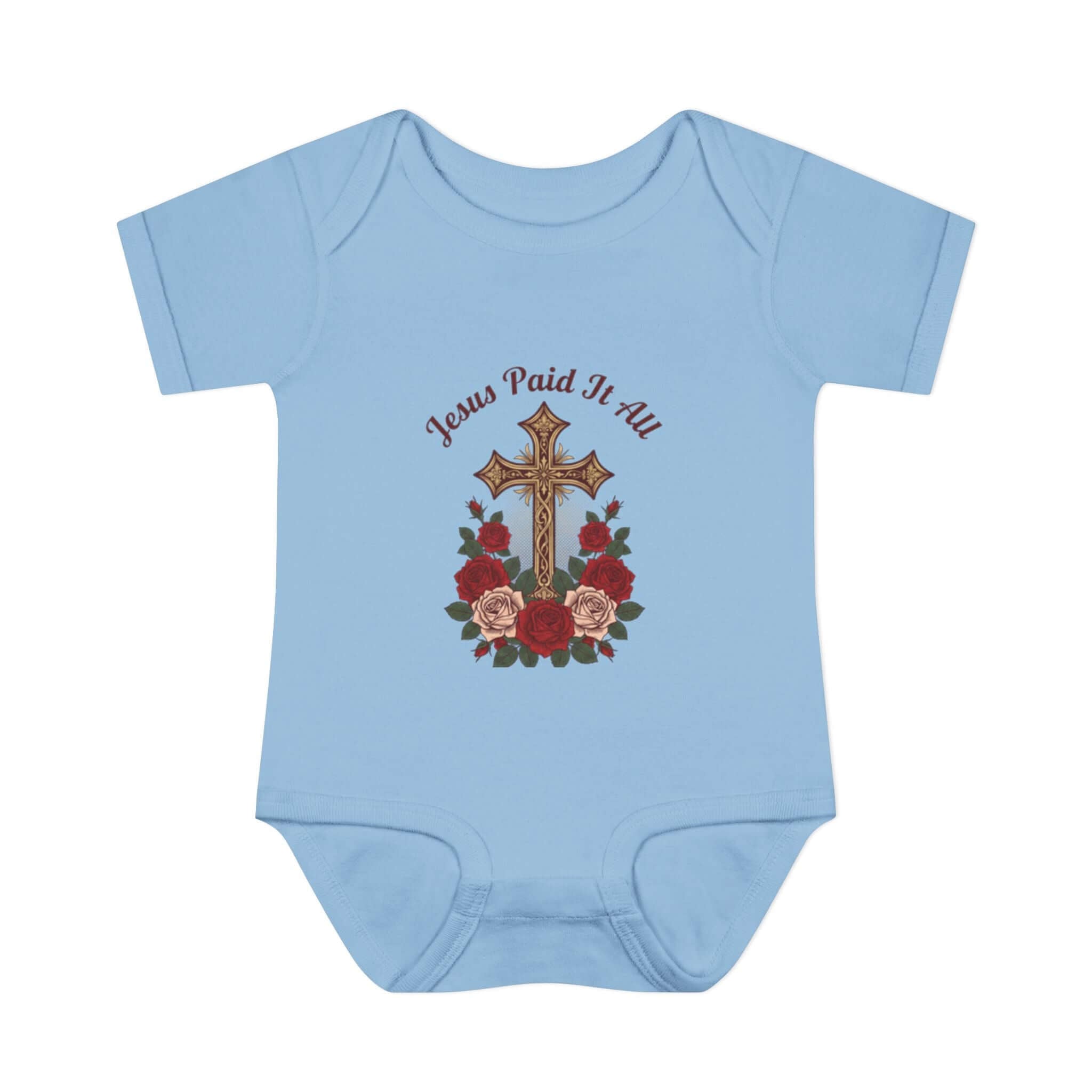 Baby Apparel blue infant bodysuit featuring cross and "Jesus Paid It All" design with floral accents.
