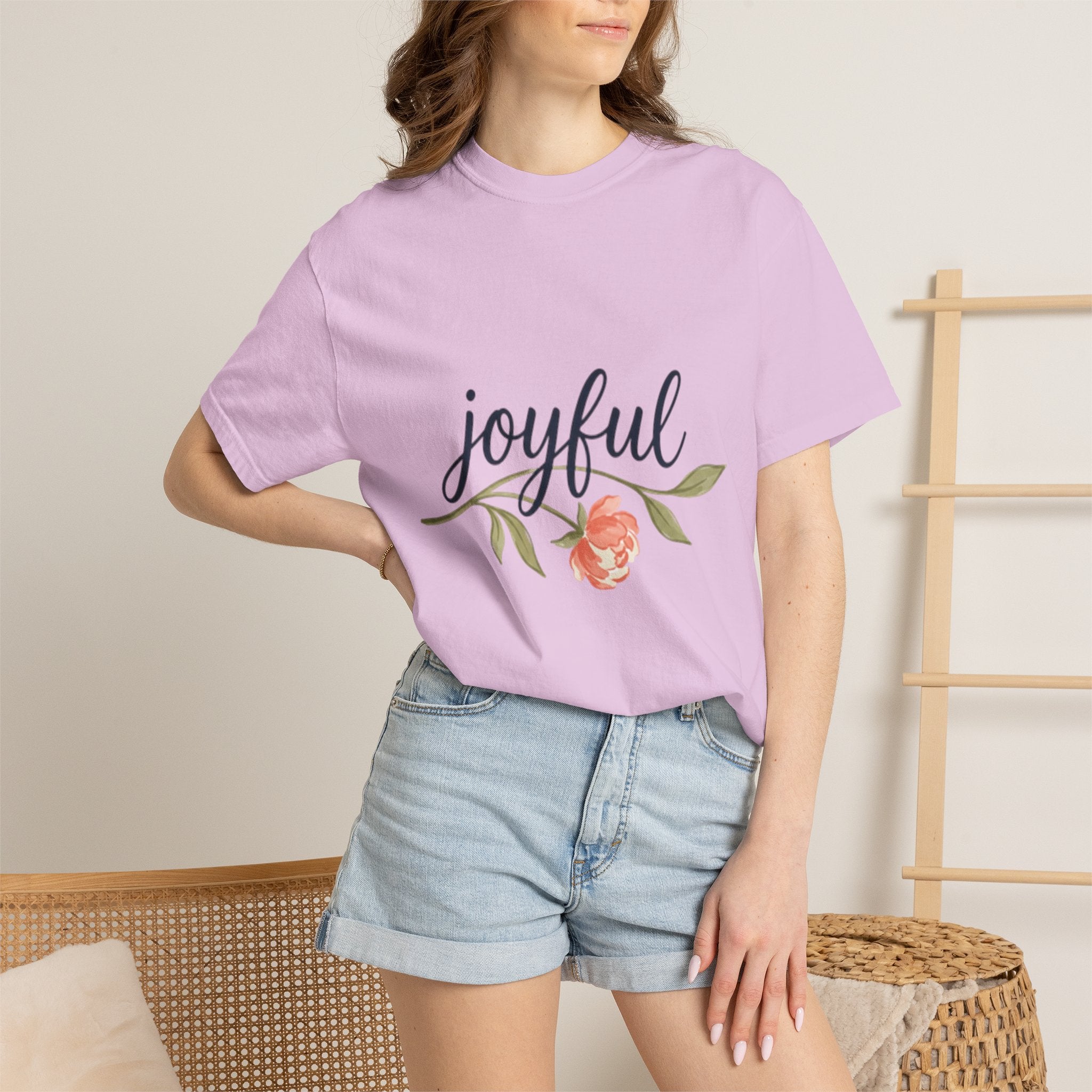 Joyful Flower T-Shirt for Women in lavender color with floral design, showcasing a stylish and comfortable look.