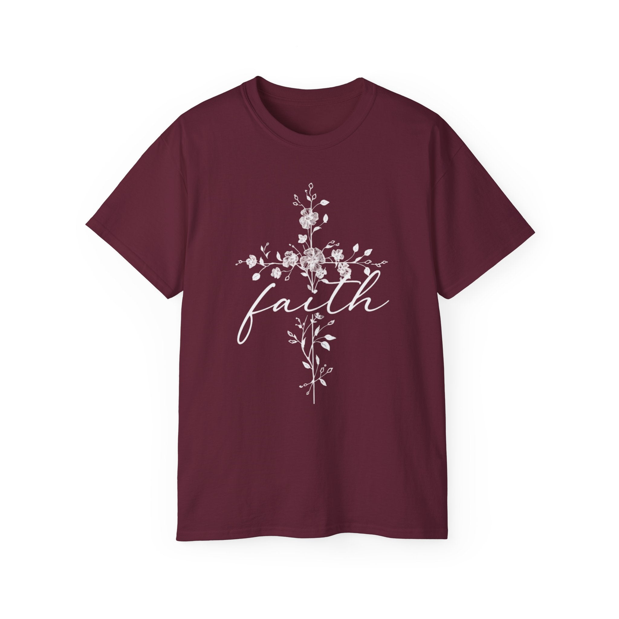 Faith Floral Cross T-Shirt for Women featuring a floral design on a maroon shirt.