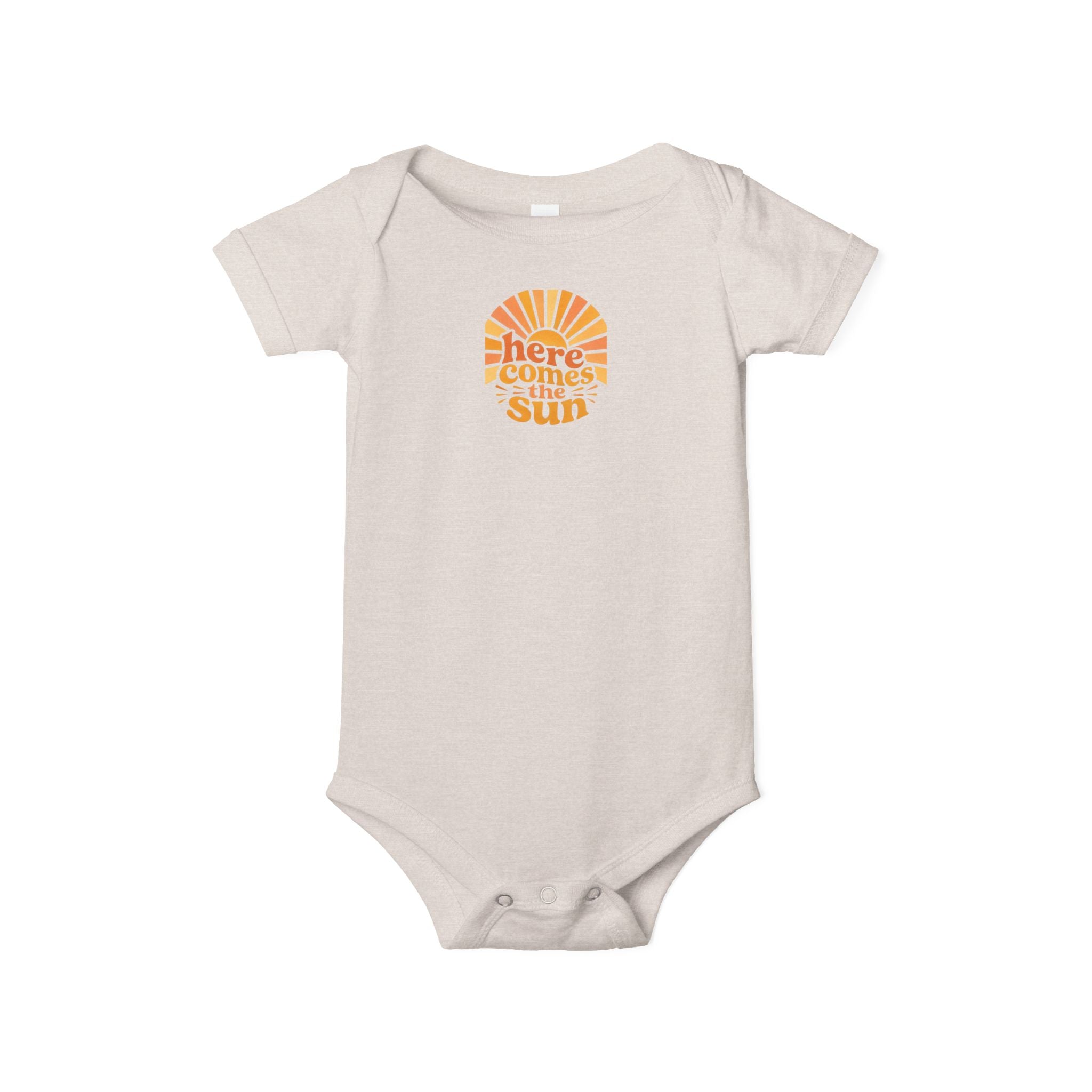 Cute Baby Bodysuit featuring uplifting phrase Here Comes The Sun on a soft infant one-piece.