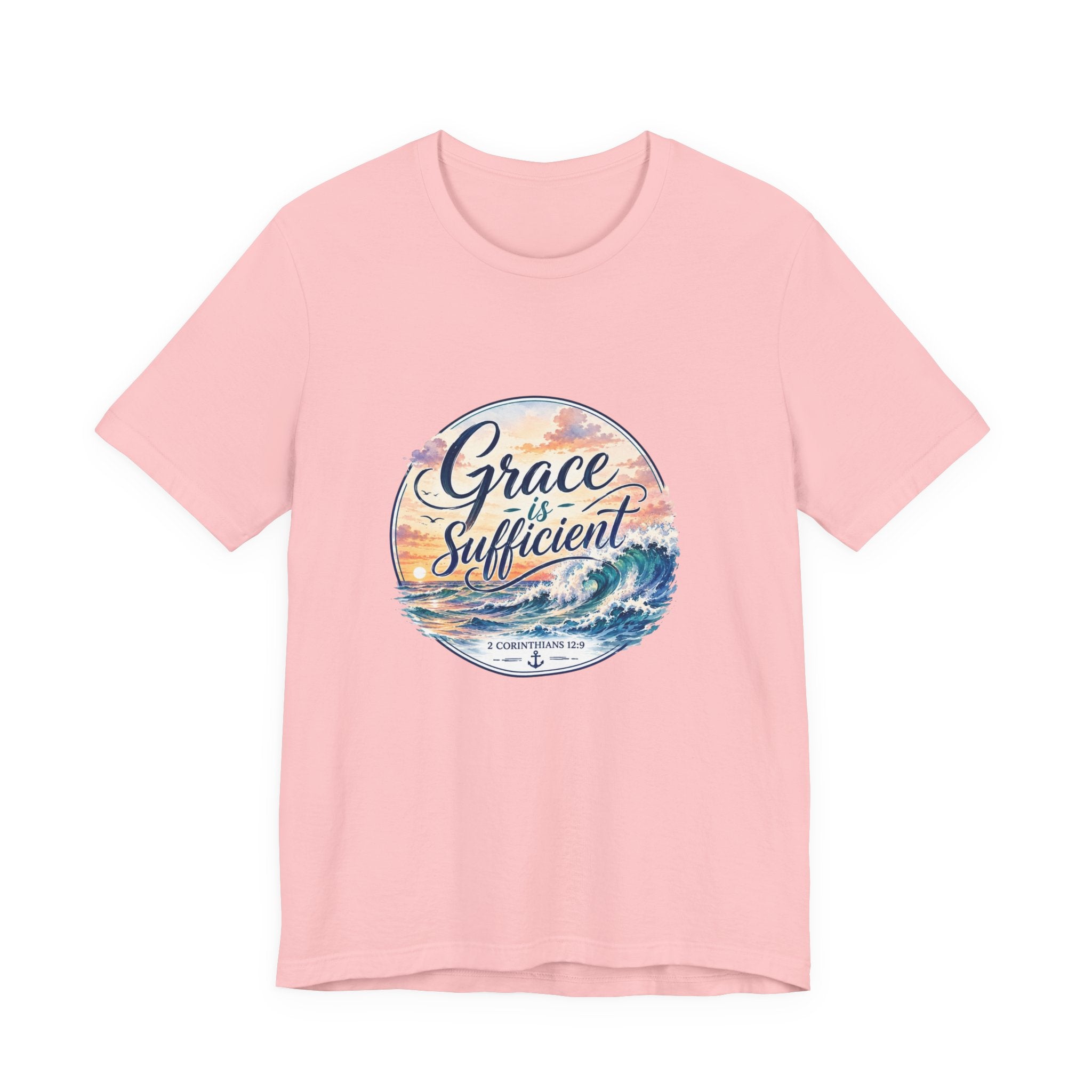 Grace Is Sufficient Tee with a calming seaside design and pastel sunset colors, perfect for beach wear.