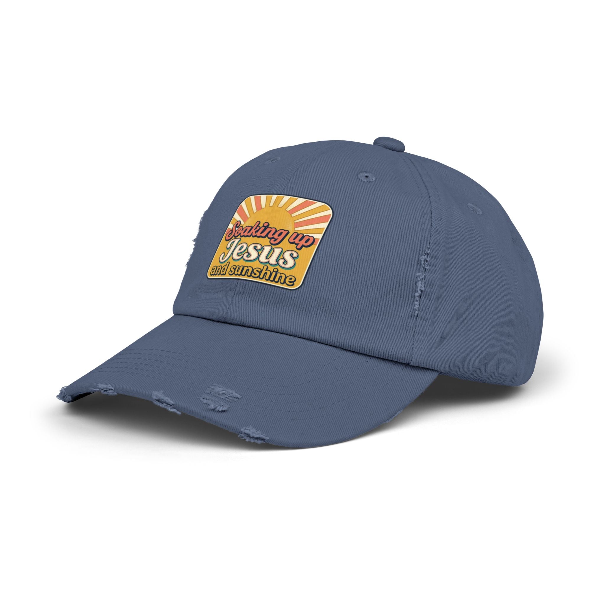 Distressed Baseball Cap — “Soaking Up Jesus and Sunshine” Retro Faith Hat