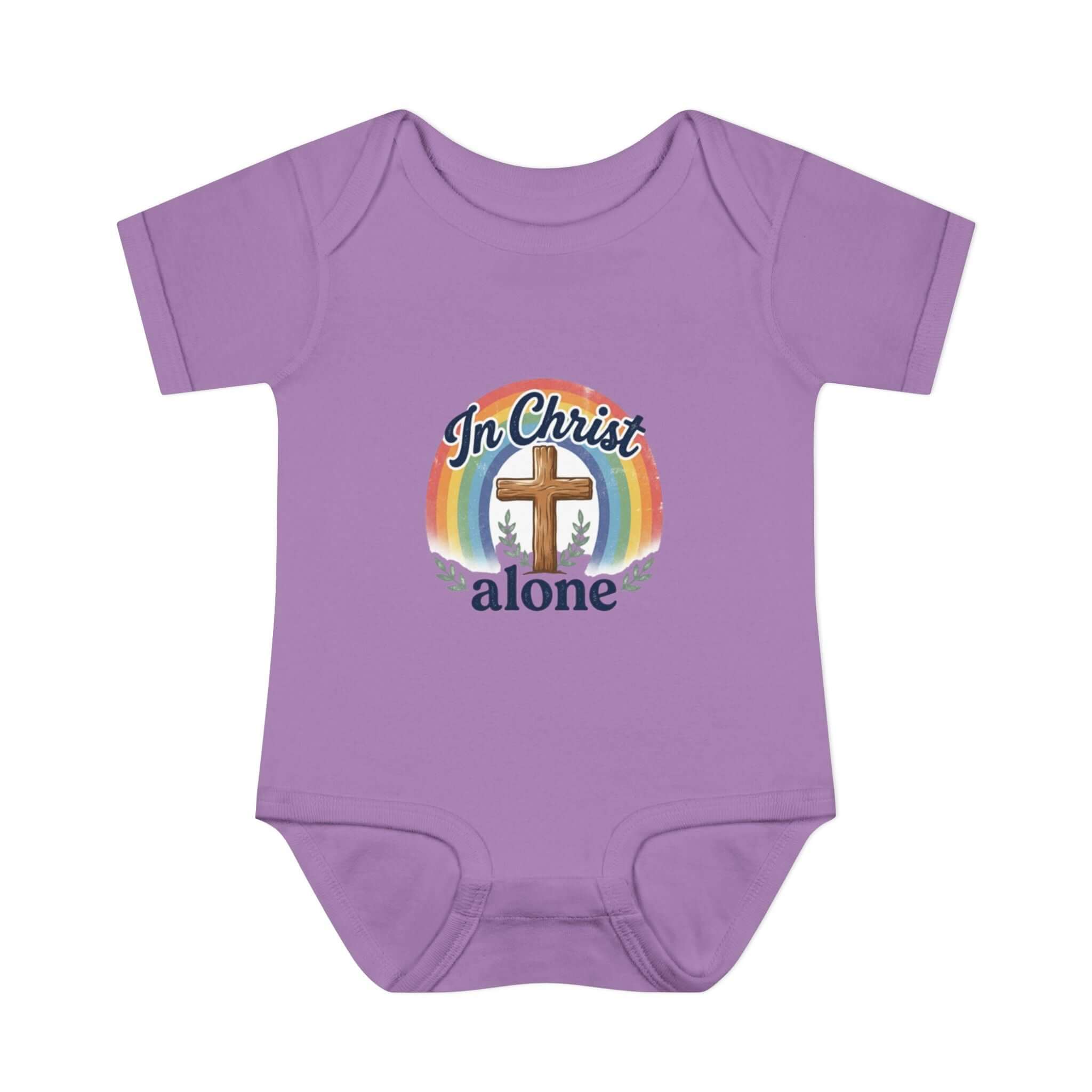 Infant Apparel purple "In Christ Alone" Cross Rainbow Christian Baby Onesie
