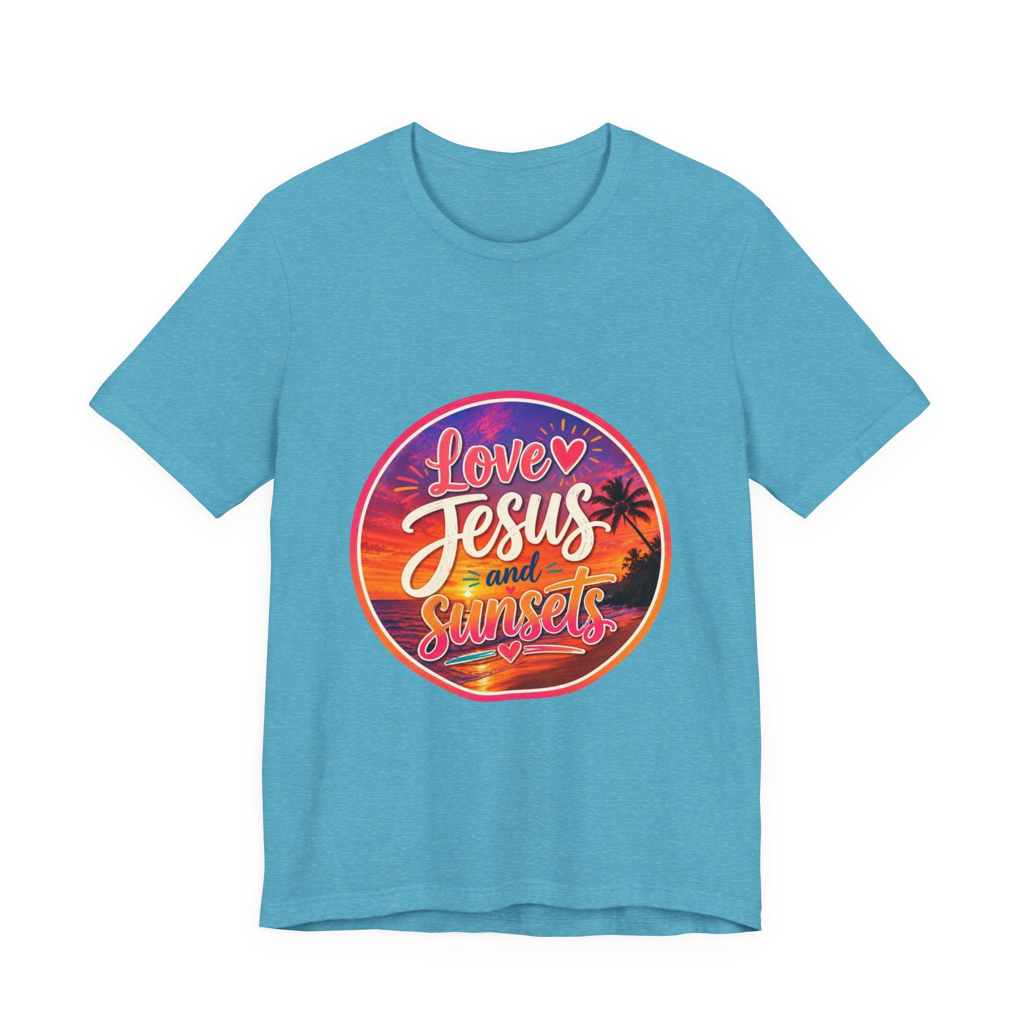 Christian Faith Palm Tree Sunset T-Shirt featuring vibrant print reading 'Love Jesus and Sunsets'.