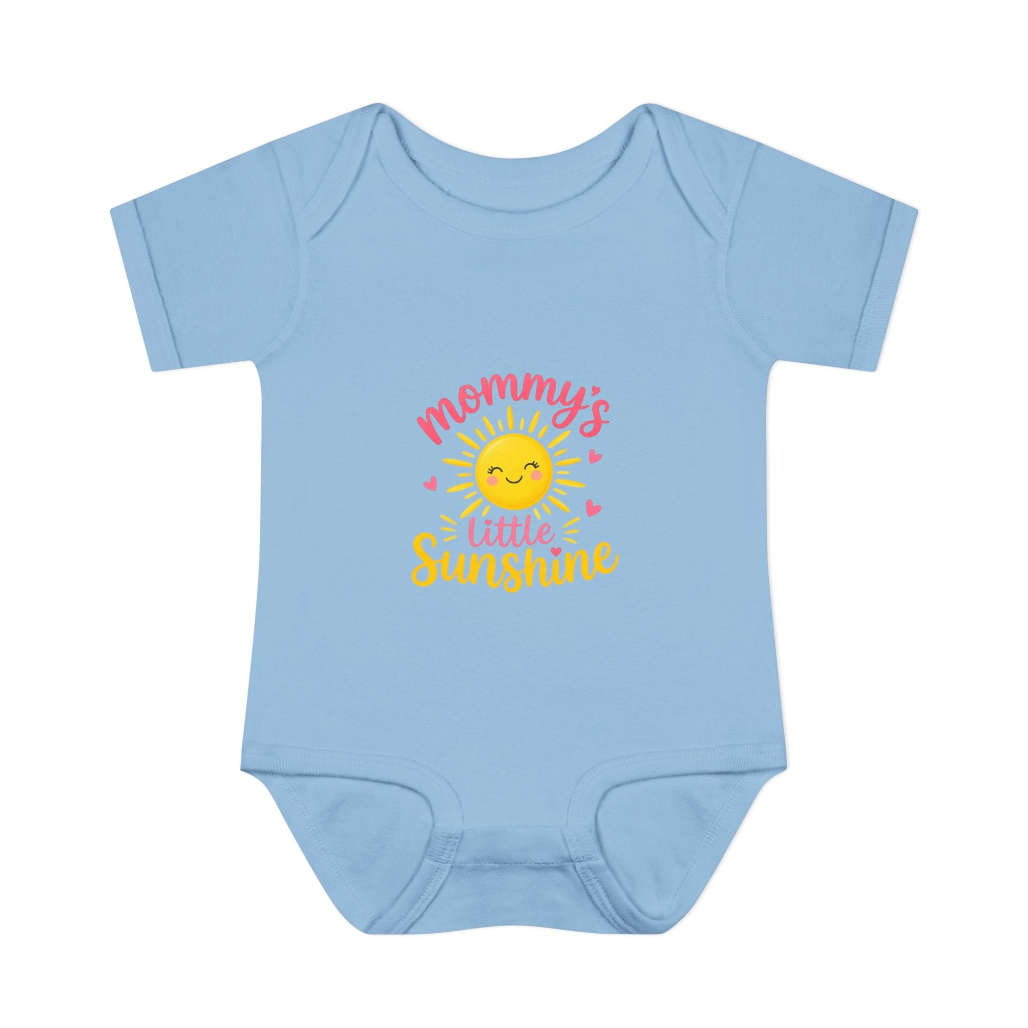 mommy's little sunshine bodysuit in light blue with cheerful sun design for infants.