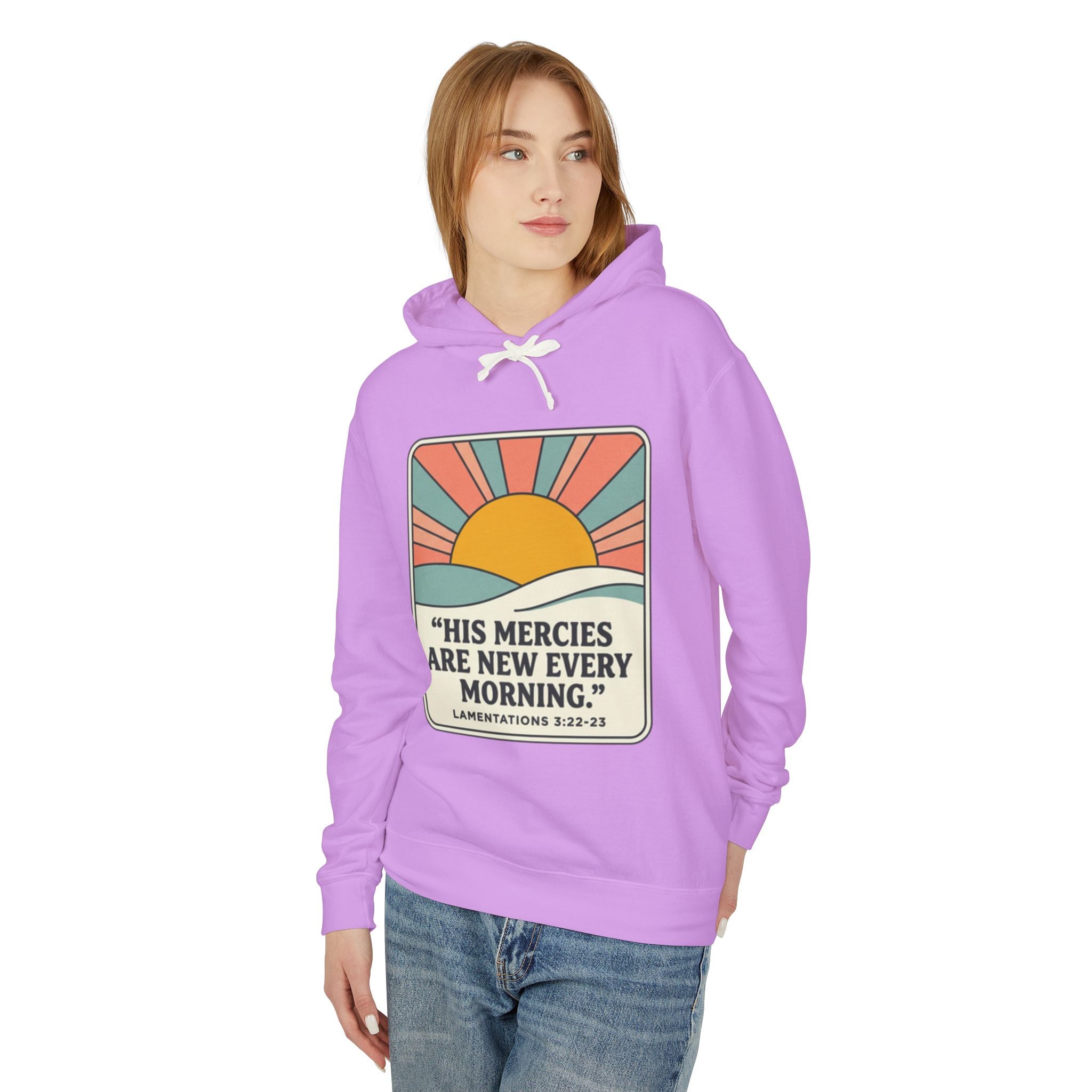 Christian Hooded Sweatshirt featuring a sunrise design and a quote from Lamentations 3:22-23.