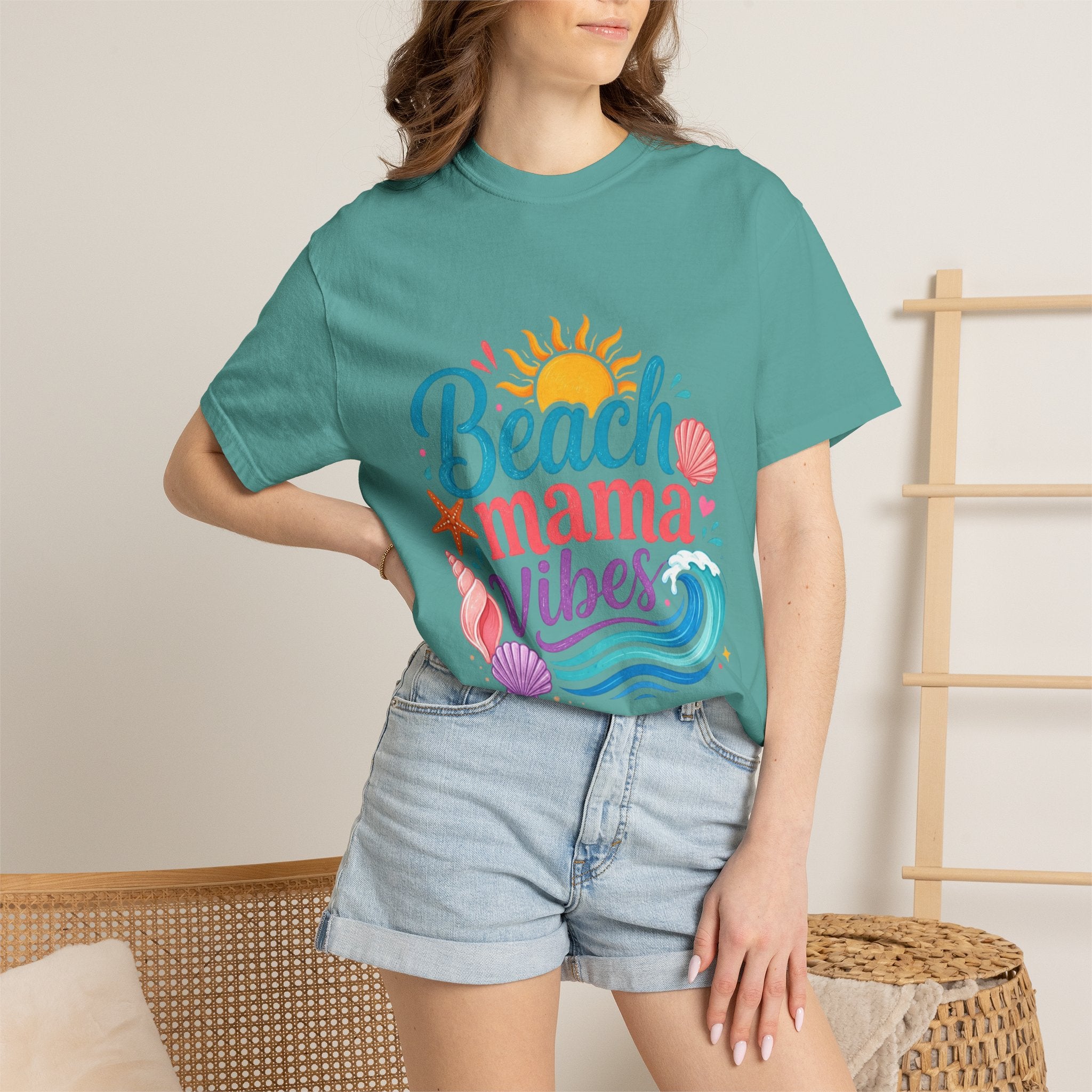 Beach Mama T-Shirt — Women's Coastal Mom Tee displayed on a model, highlighting beach vibes and relaxed style.