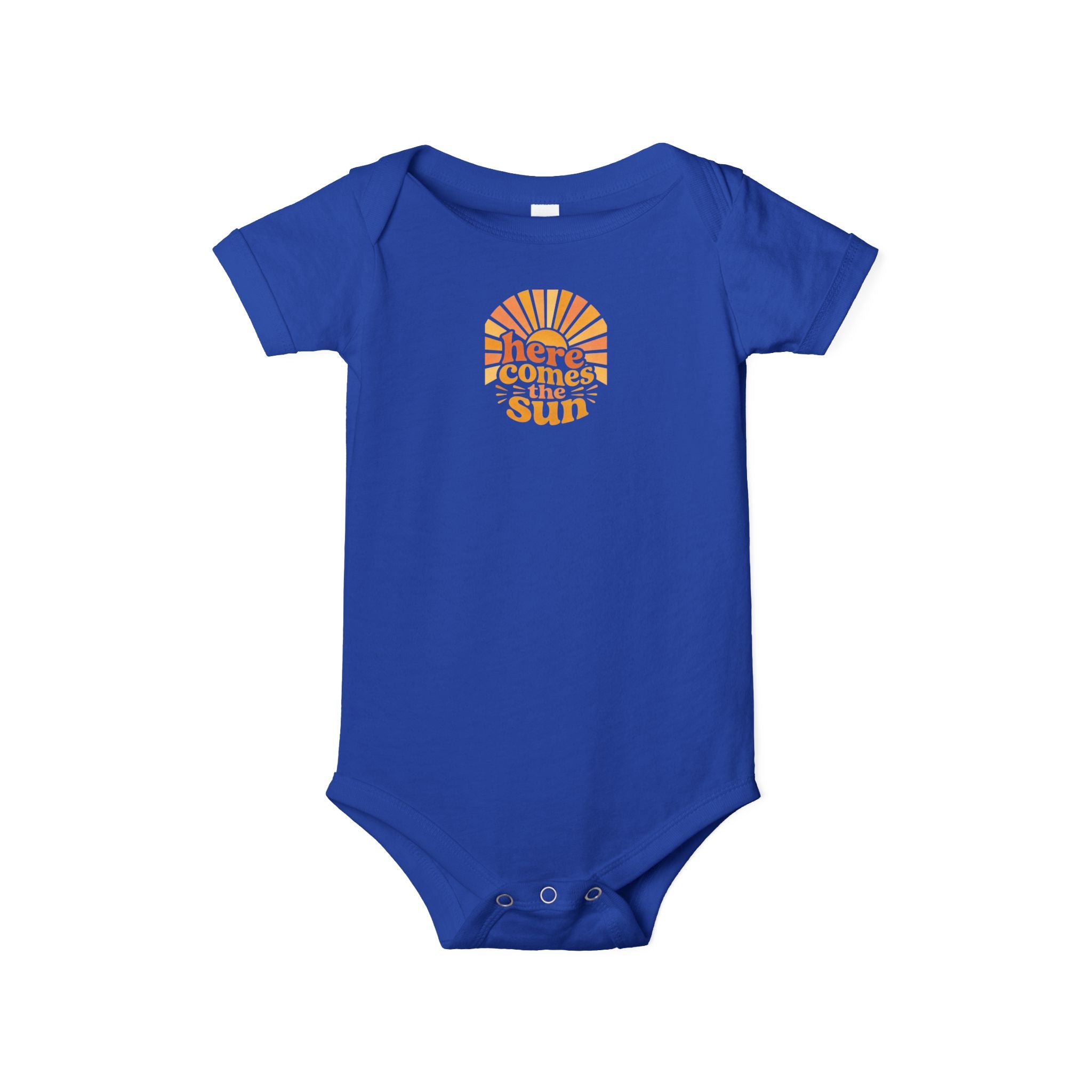Cute Baby Bodysuit in blue with 'Here Comes The Sun' graphic for infants and newborns.