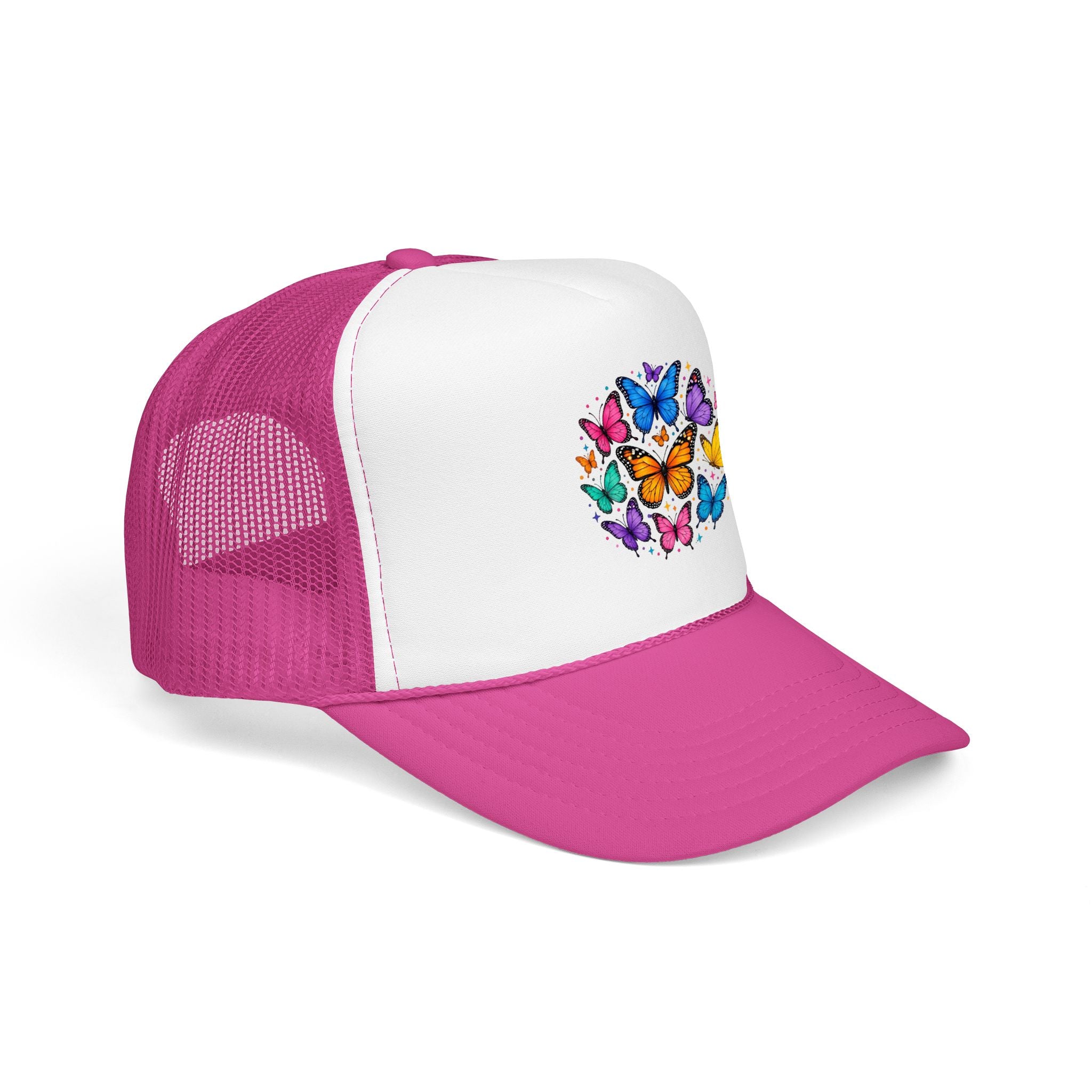 Butterfly Circle Trucker Hat featuring a colorful butterfly design on a pink foam cap.