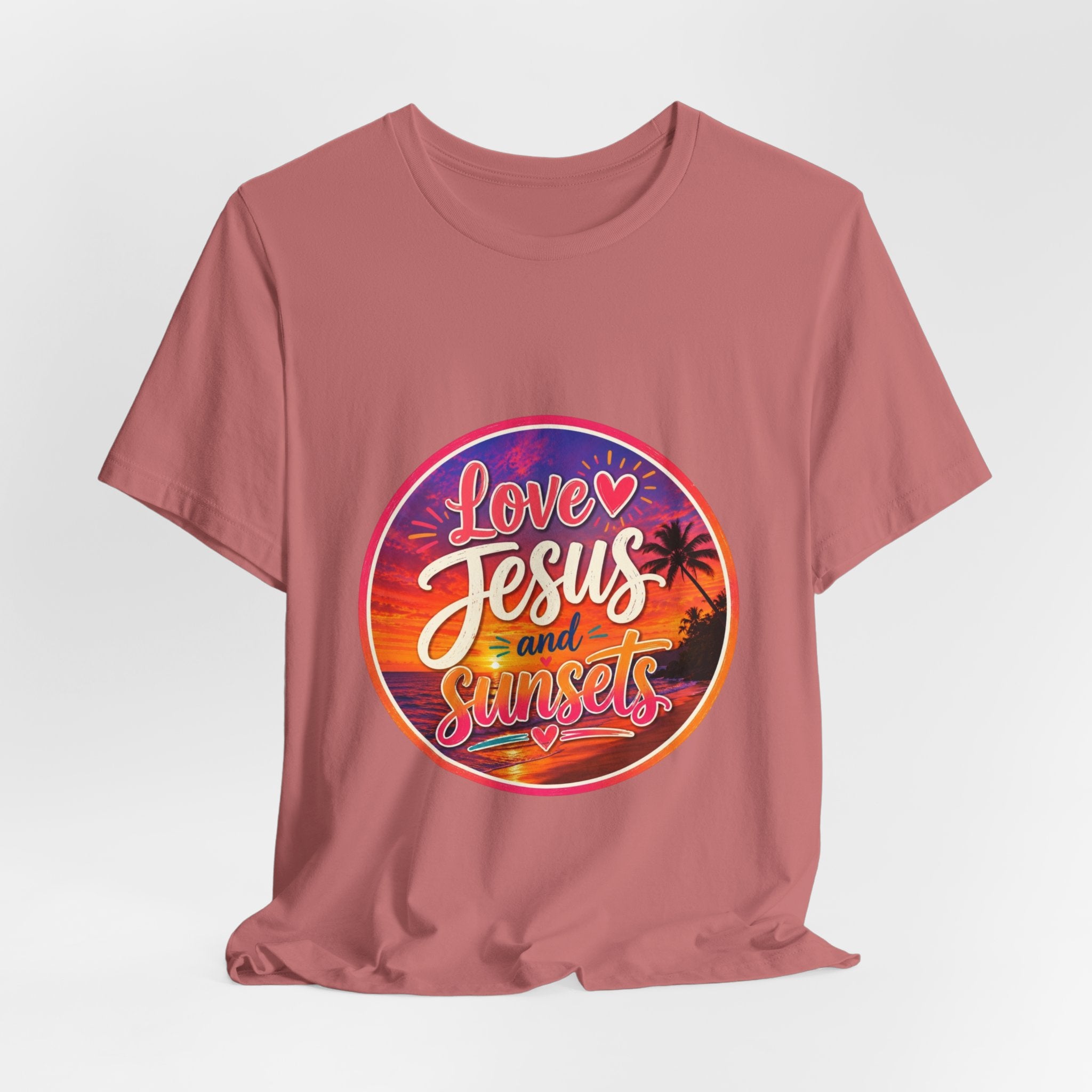 Christian Faith Palm Tree Sunset T-Shirt featuring vibrant print of "Love Jesus and Sunsets" with palm tree design.