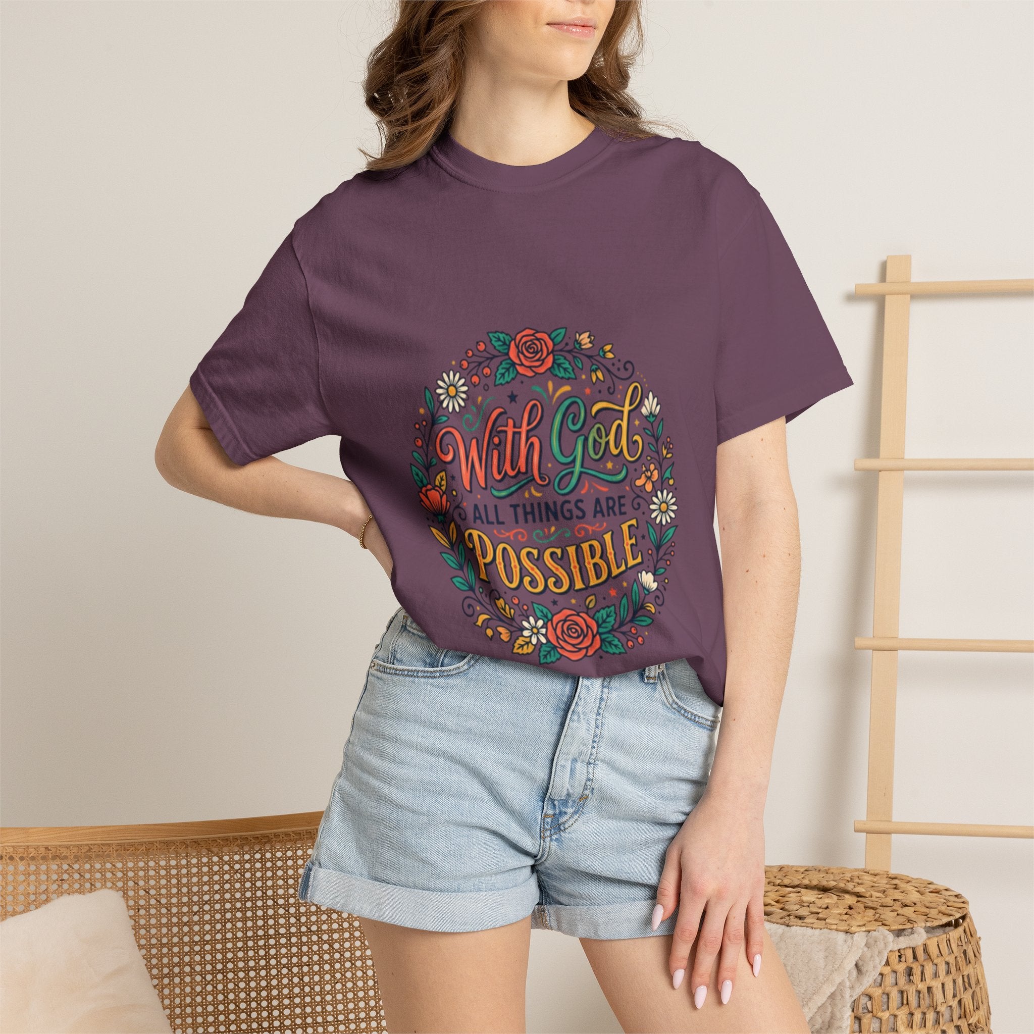 T-Shirt — "With God All Things Are Possible" Floral Faith Tee