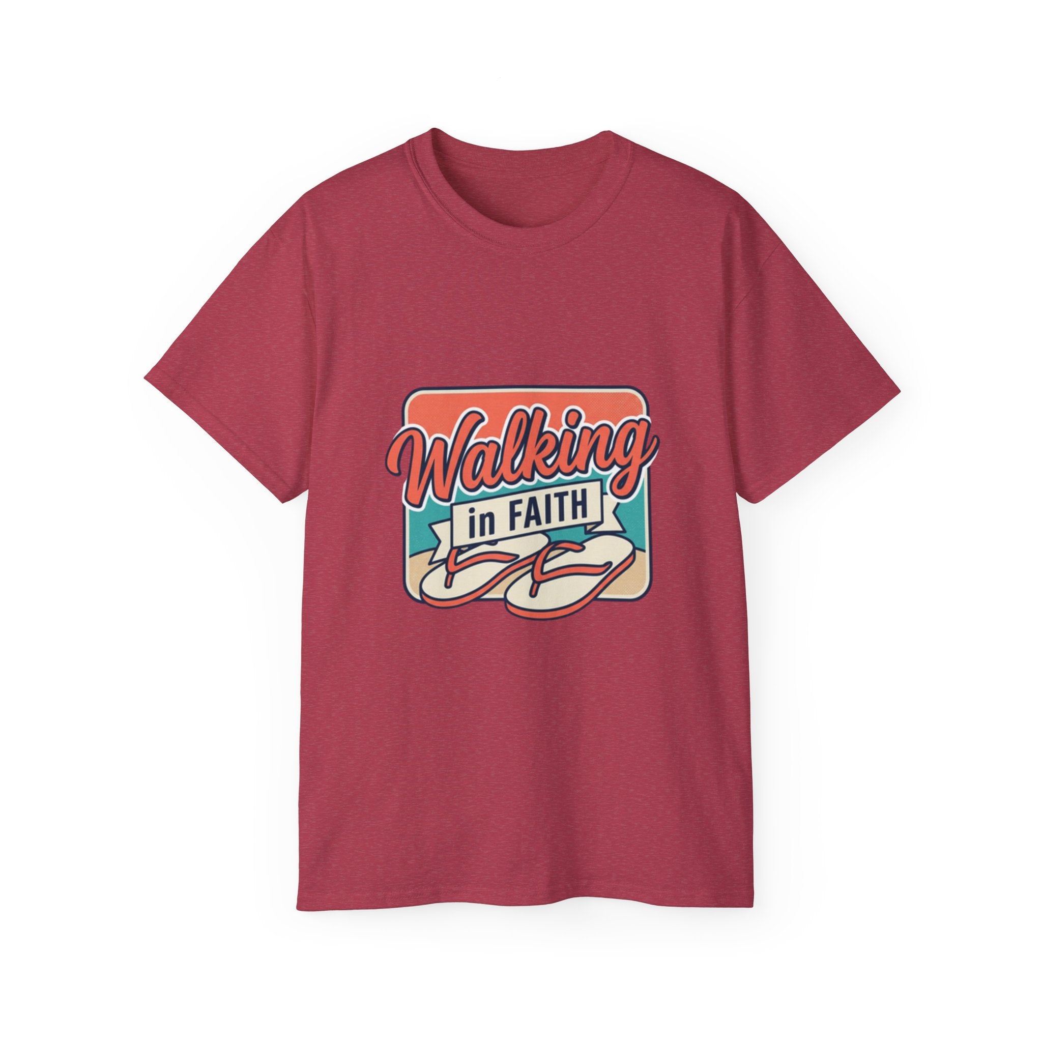 Walking in Faith Beach T-Shirt featuring a vibrant design and casual style for comfortable everyday wear.