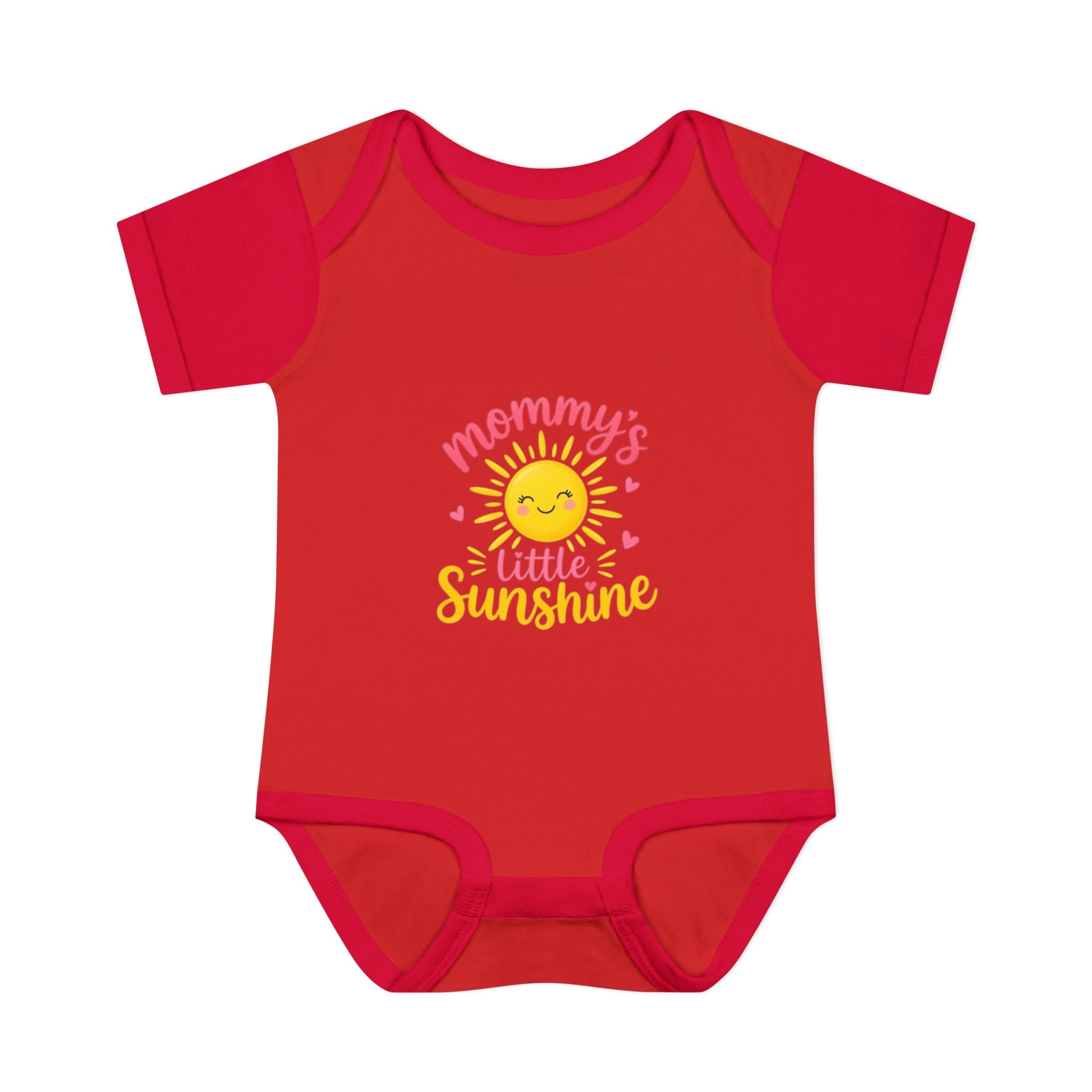mommy's little sunshine bodysuit in bright red with cheerful sun graphic