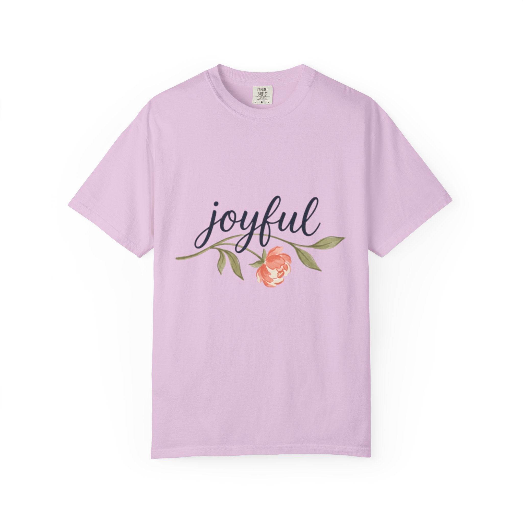 Joyful Flower T-Shirt for Women in pastel pink with floral design and word 'joyful'.