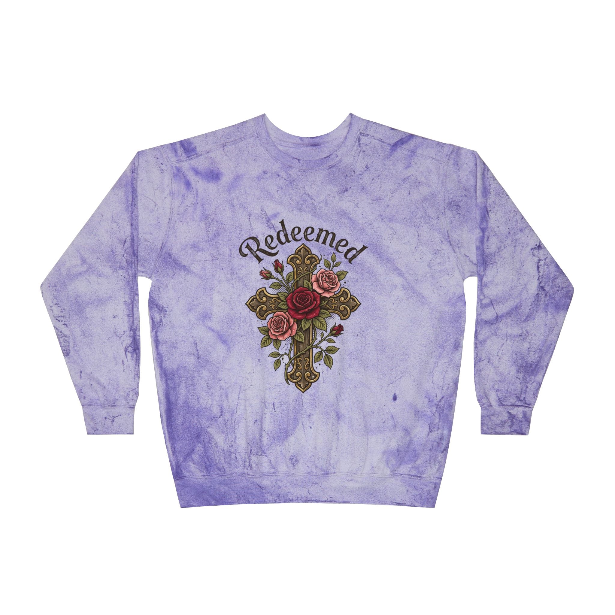 Christian sweatshirt featuring a hand-drawn cross with roses and the word 'Redeemed' on a vintage-style purple crewneck.