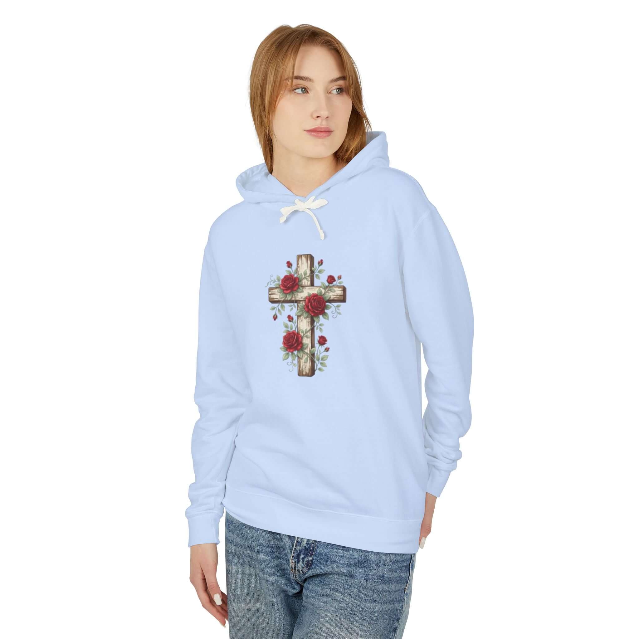 Christian sweatshirt featuring a light blue cross design, perfect for casual wear and expressing faith.