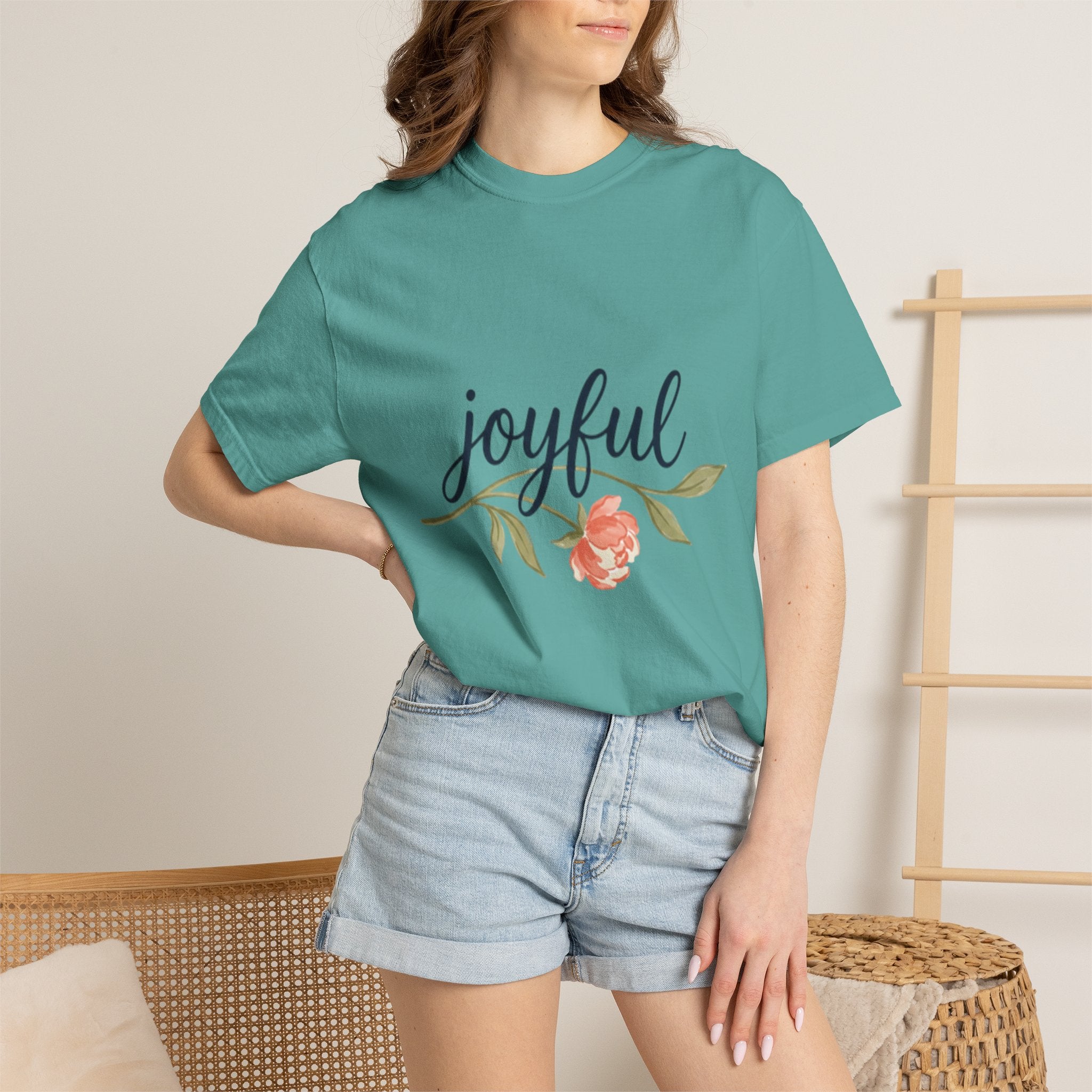Joyful Flower T-Shirt for Women on a model, featuring a floral graphic and cheerful design.