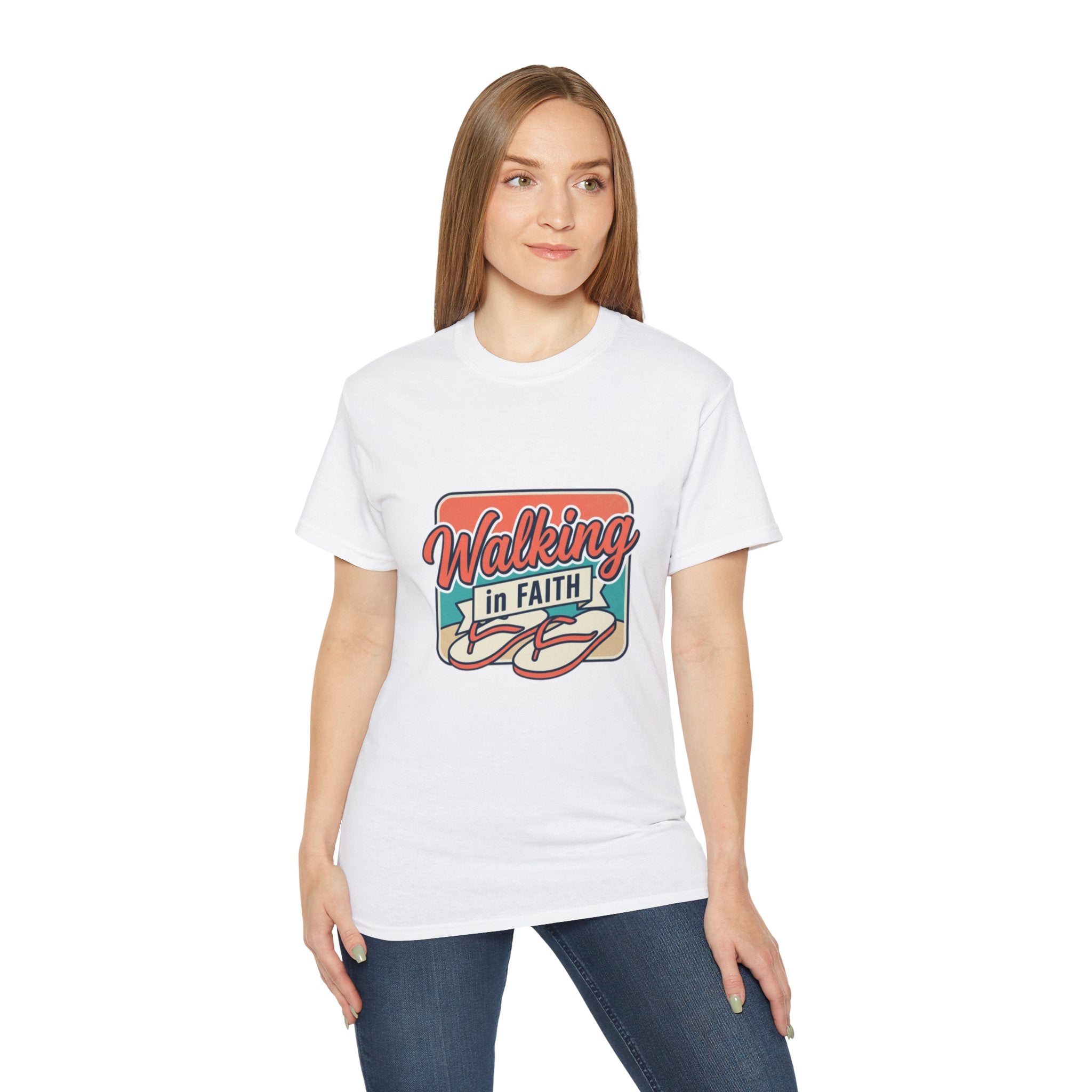 Walking in Faith Beach T-Shirt worn by a model, showcasing its coastal charm and faith-inspired design.