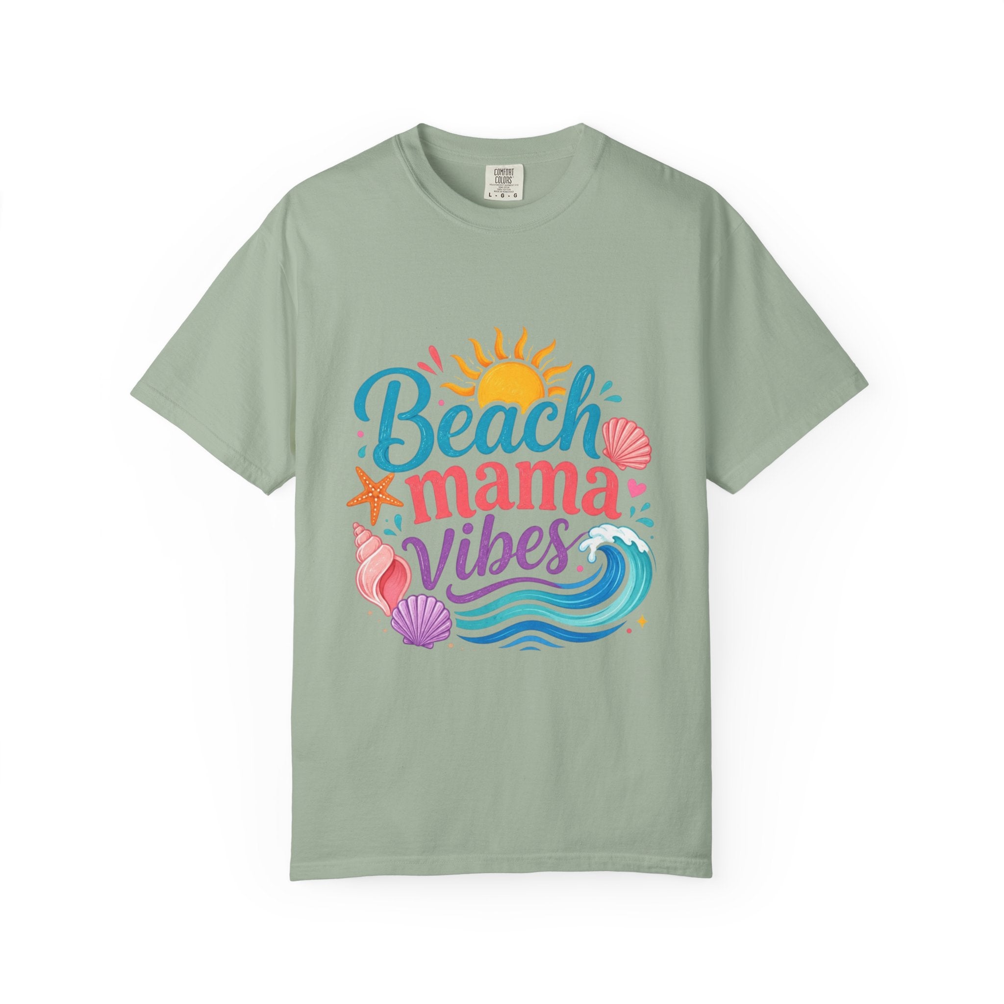 Beach Mama T-Shirt — Women's Coastal Mom Tee featuring colorful beach-themed graphics on a light green background.