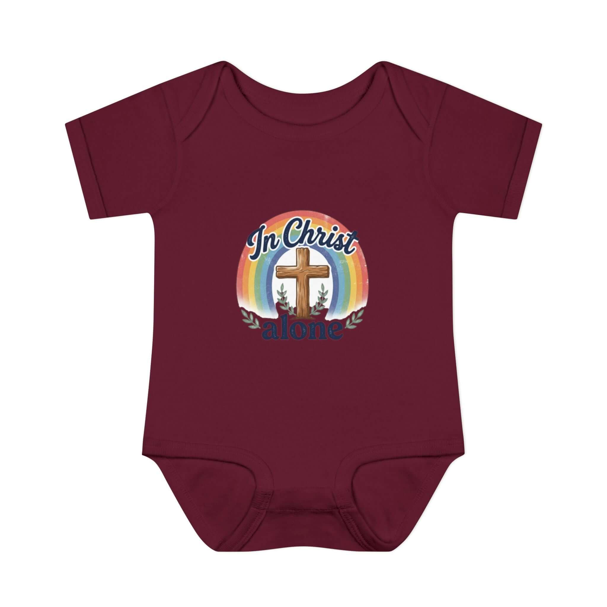 Infant Apparel dark purple "In Christ Alone" Cross Rainbow Christian Baby Onesie