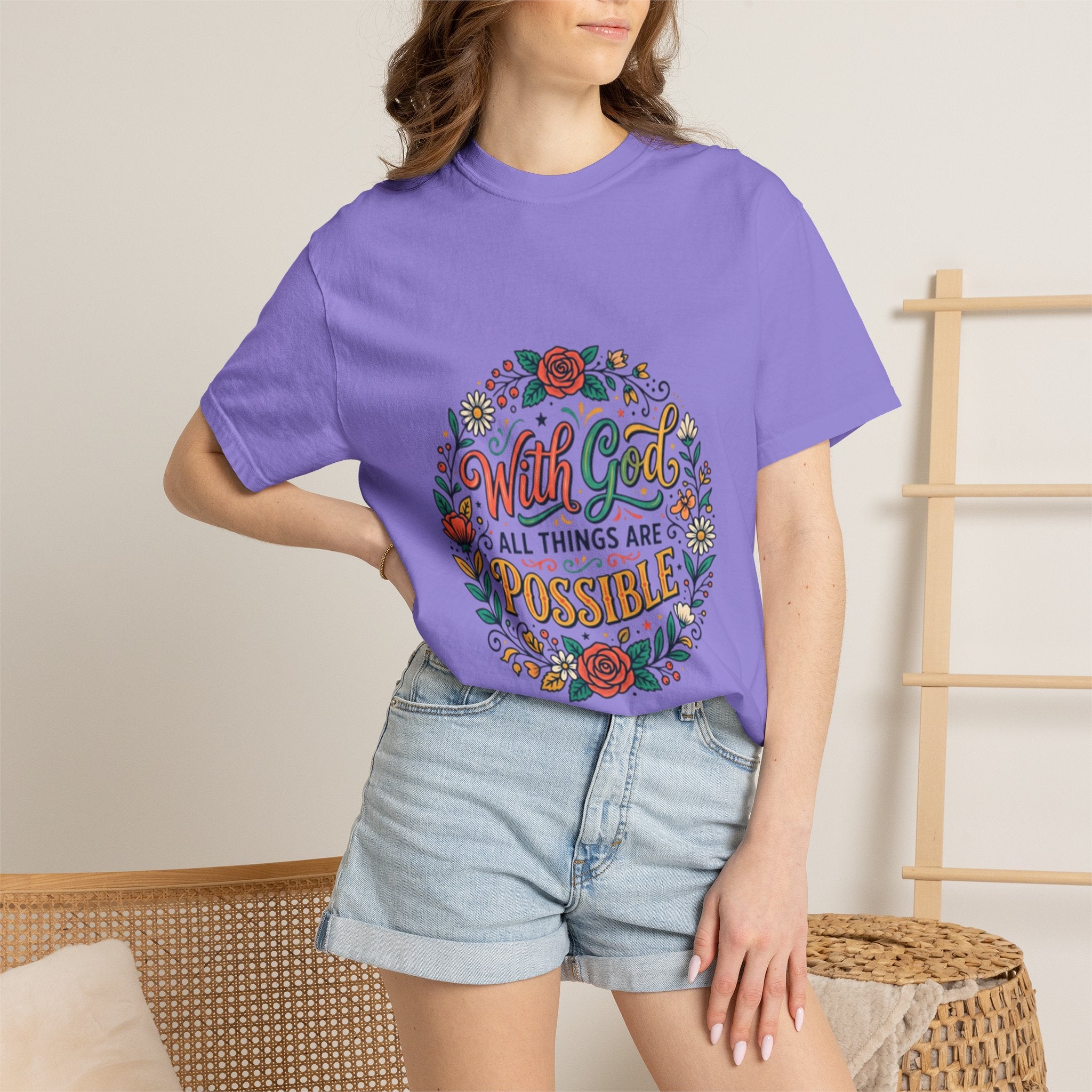 T-Shirt — "With God All Things Are Possible" Floral Faith Tee