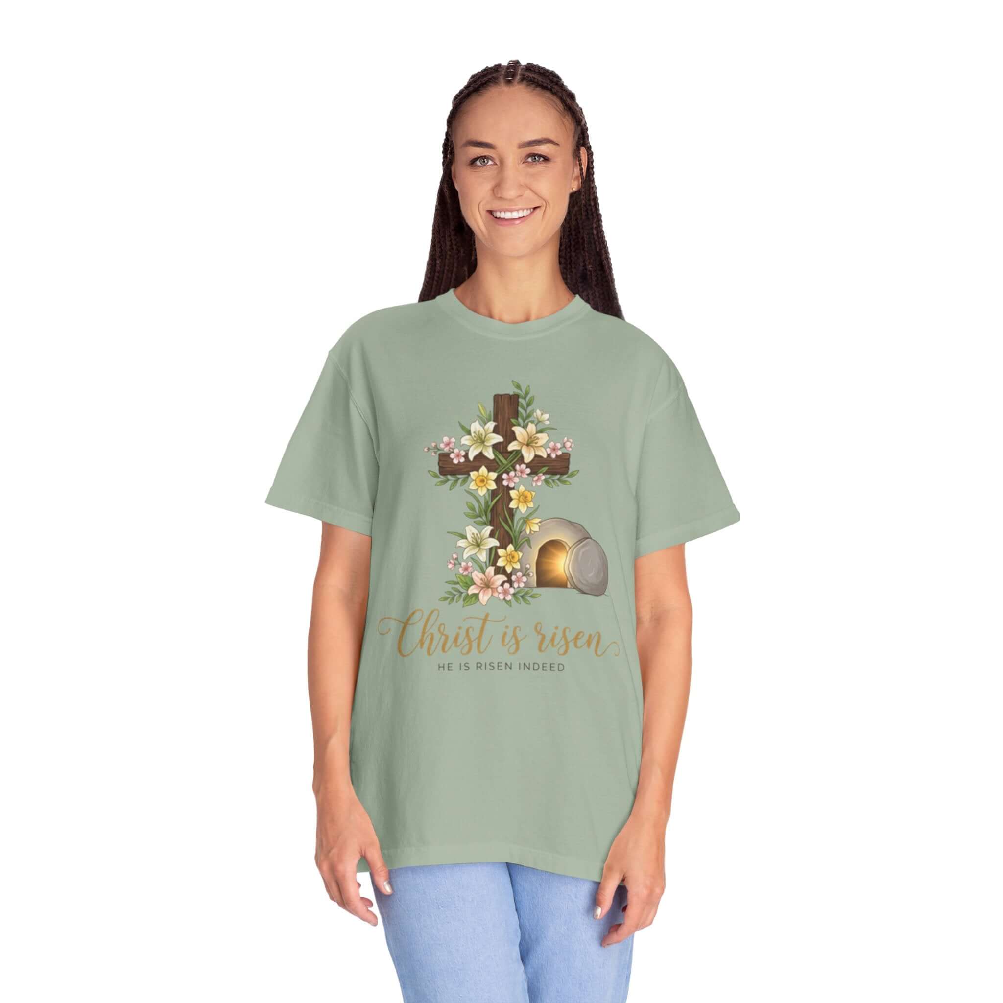 Infant apparel T Shirt sage green Floral Cross & Empty Tomb Christian Tee