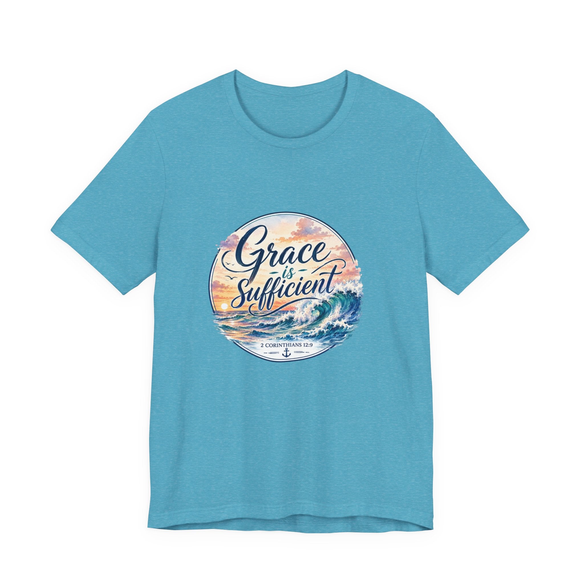 Grace Is Sufficient Tee in turquoise with seaside graphic and inspirational text design.
