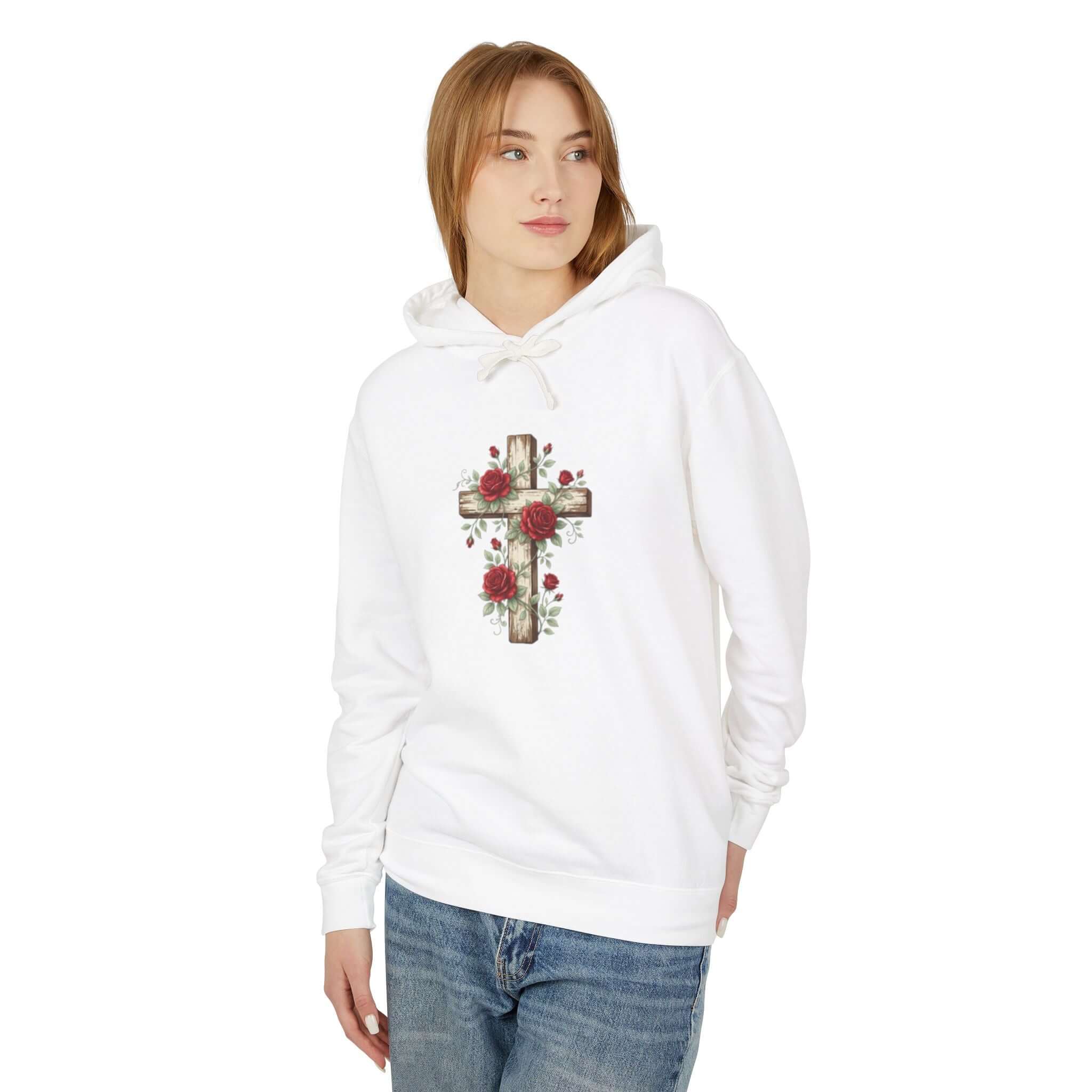 Christian sweatshirt featuring a white cross design, perfect for casual wear and expressing faith.