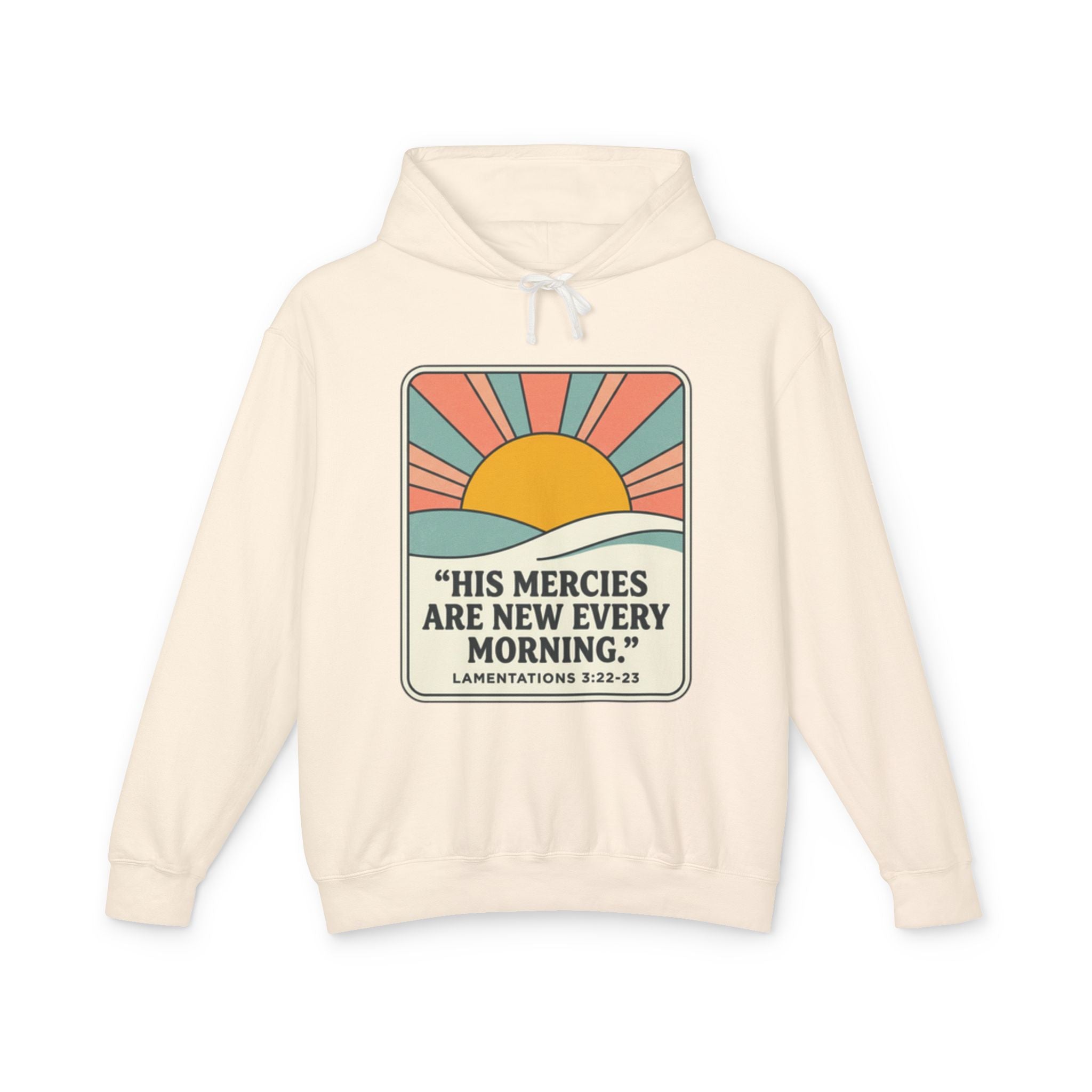 Christian Hooded Sweatshirt with inspirational scripture design featuring sunrise and message of hope.