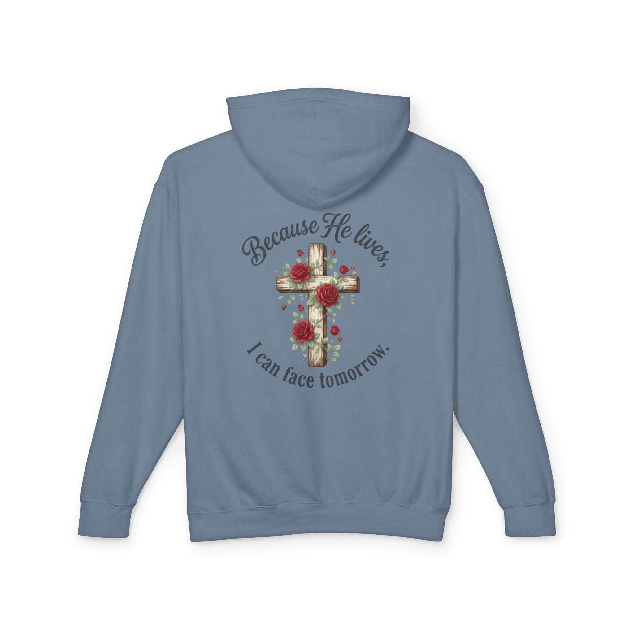Christian sweatshirt featuring a slate blue cross design, perfect for casual wear and expressing faith.