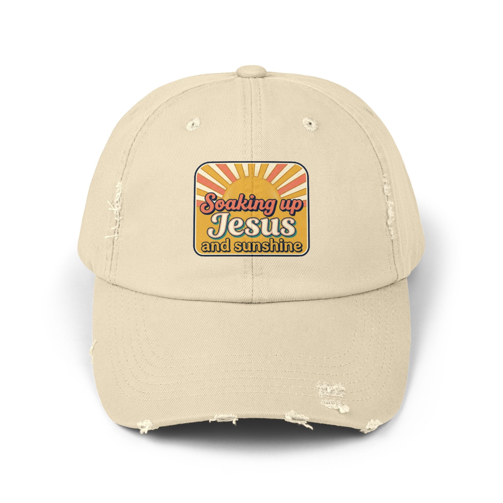Distressed Baseball Cap — “Soaking Up Jesus and Sunshine” Retro Faith Hat