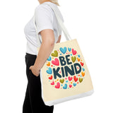 "Be Kind" Tote Bag - Colorful Heart Design, Motivational Accessory Printify