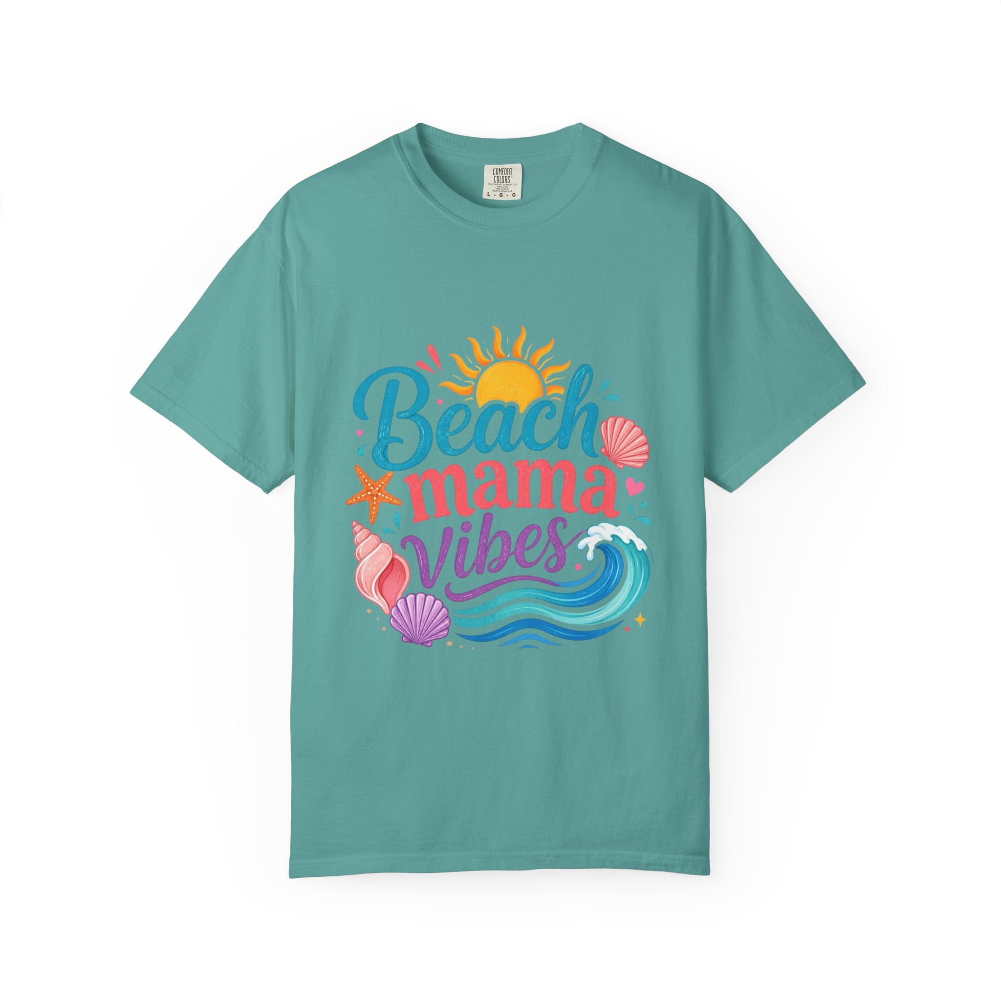 Beach Mama T-Shirt — Women's Coastal Mom Tee in aqua with a vibrant beach-themed graphic.