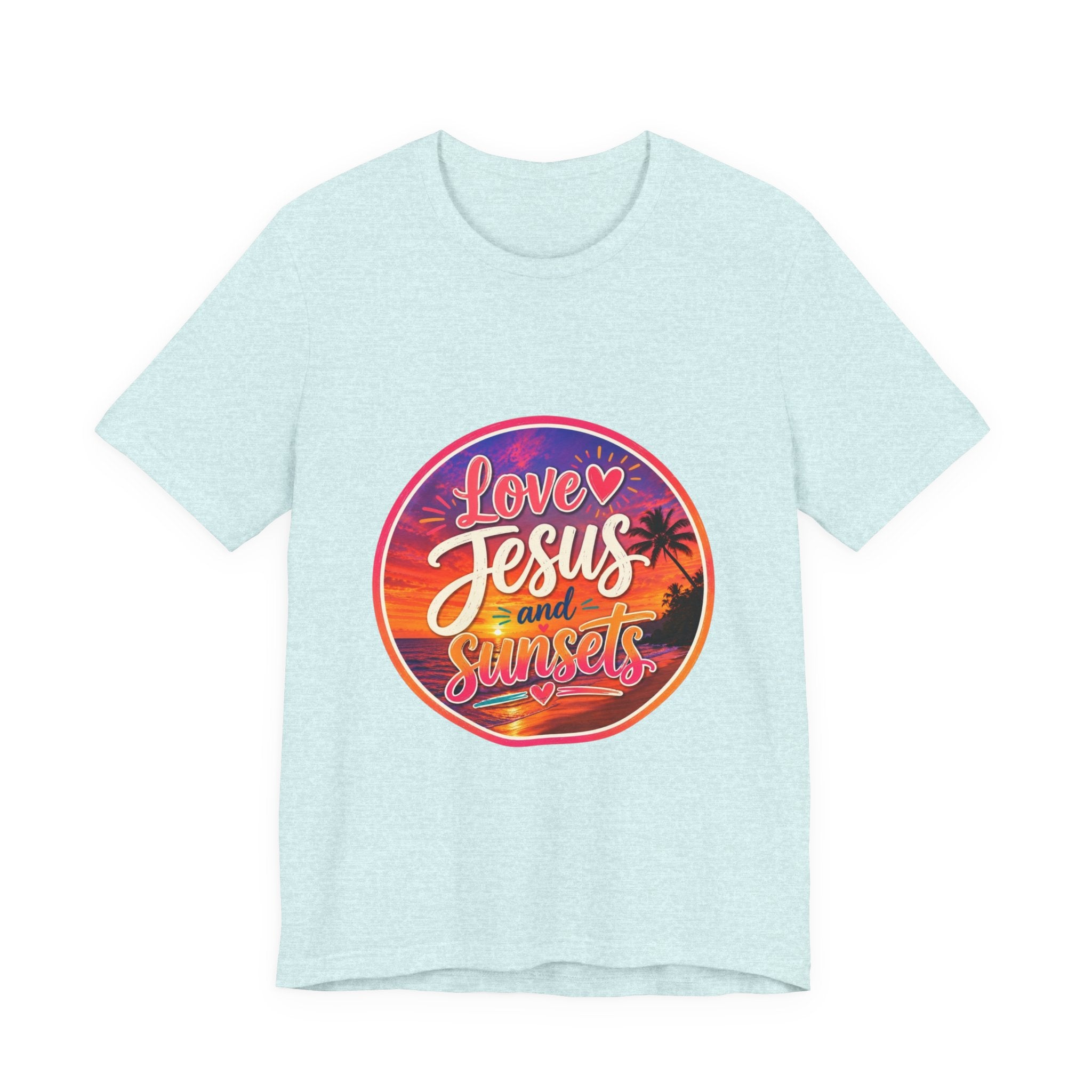 Christian Faith Palm Tree Sunset T-Shirt with vibrant sunset print saying 'Love Jesus and Sunsets'.