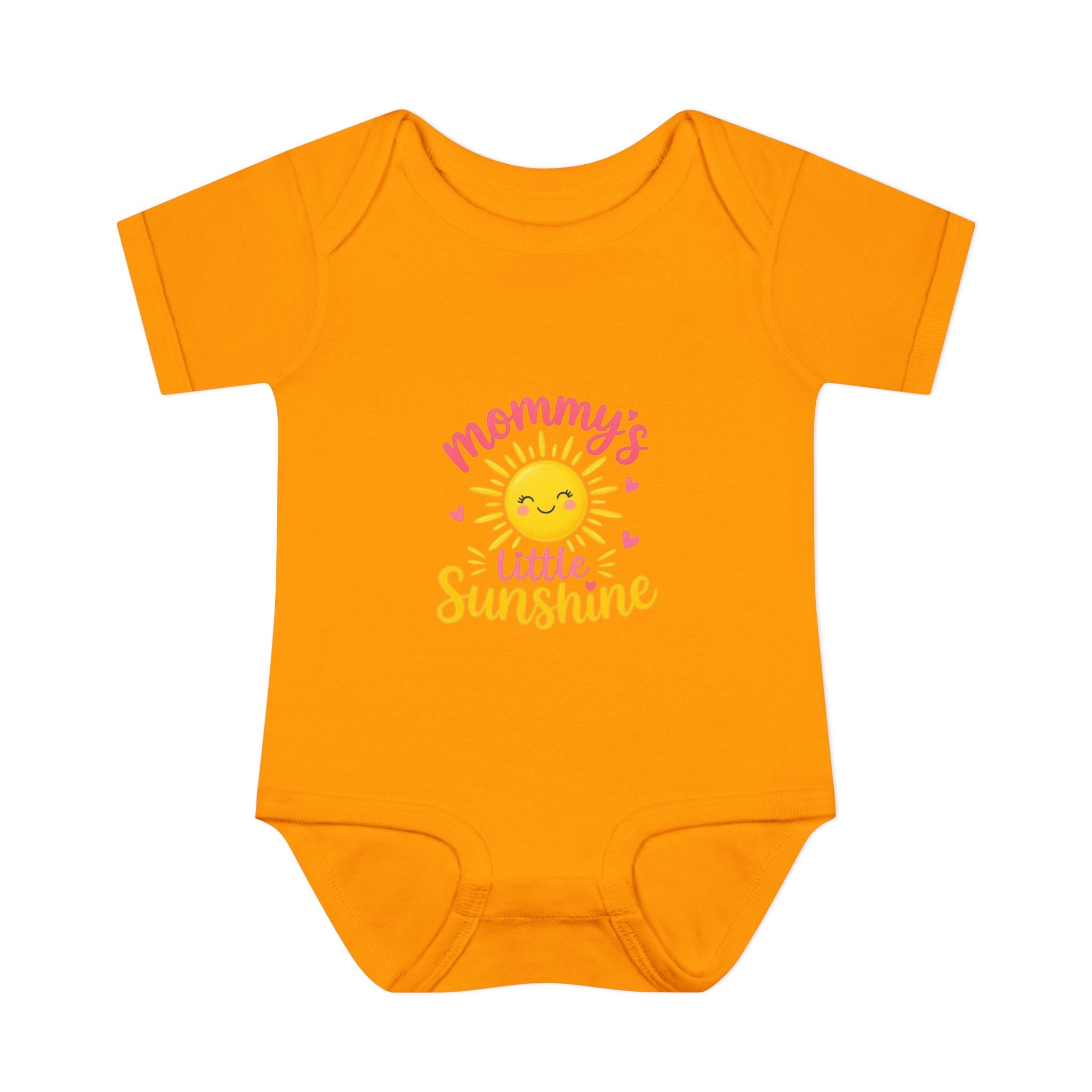 mommy's little sunshine bodysuit in bright orange with cheerful sun design