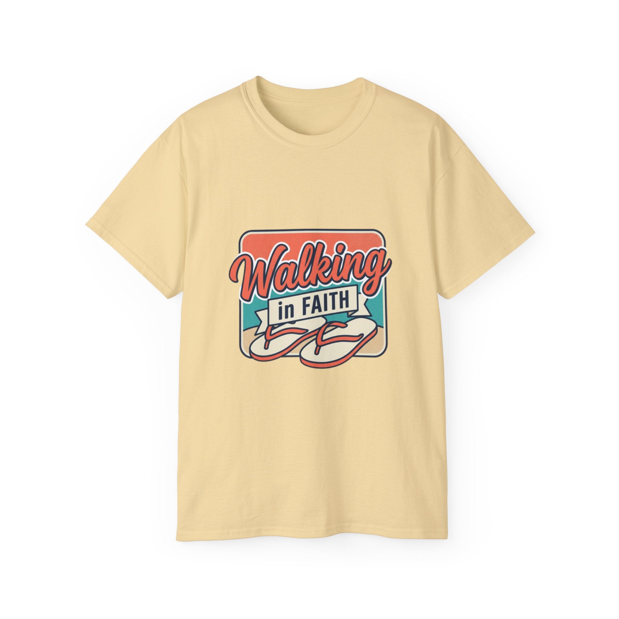 Walking in Faith Beach T-Shirt featuring a beach-themed design with inspirational message for believers.