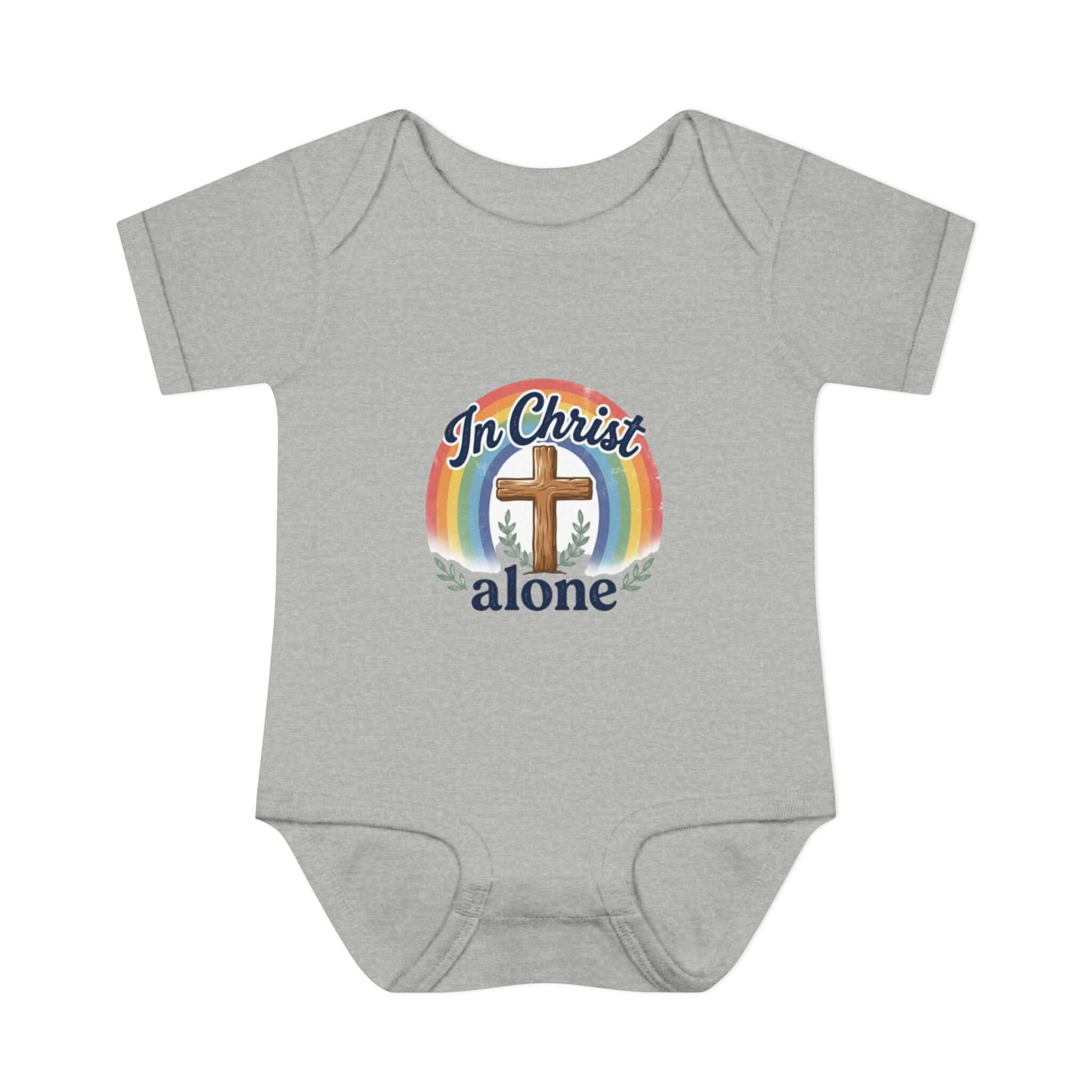 Infant Apparel gray  "In Christ Alone" Cross Rainbow Christian Baby Onesie