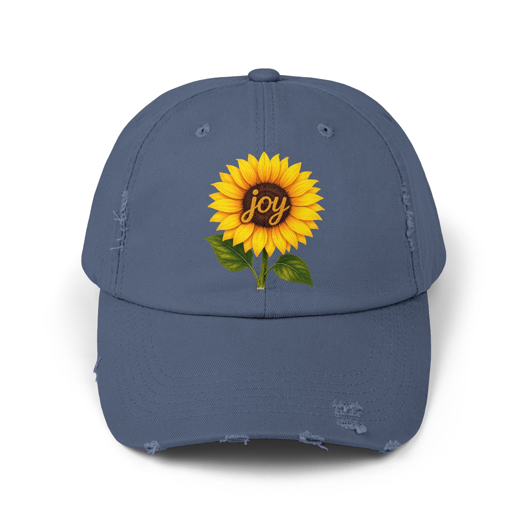 Sunflower Joy Distressed Cap featuring a hand-painted sunflower with the word 'joy' on a blue background.