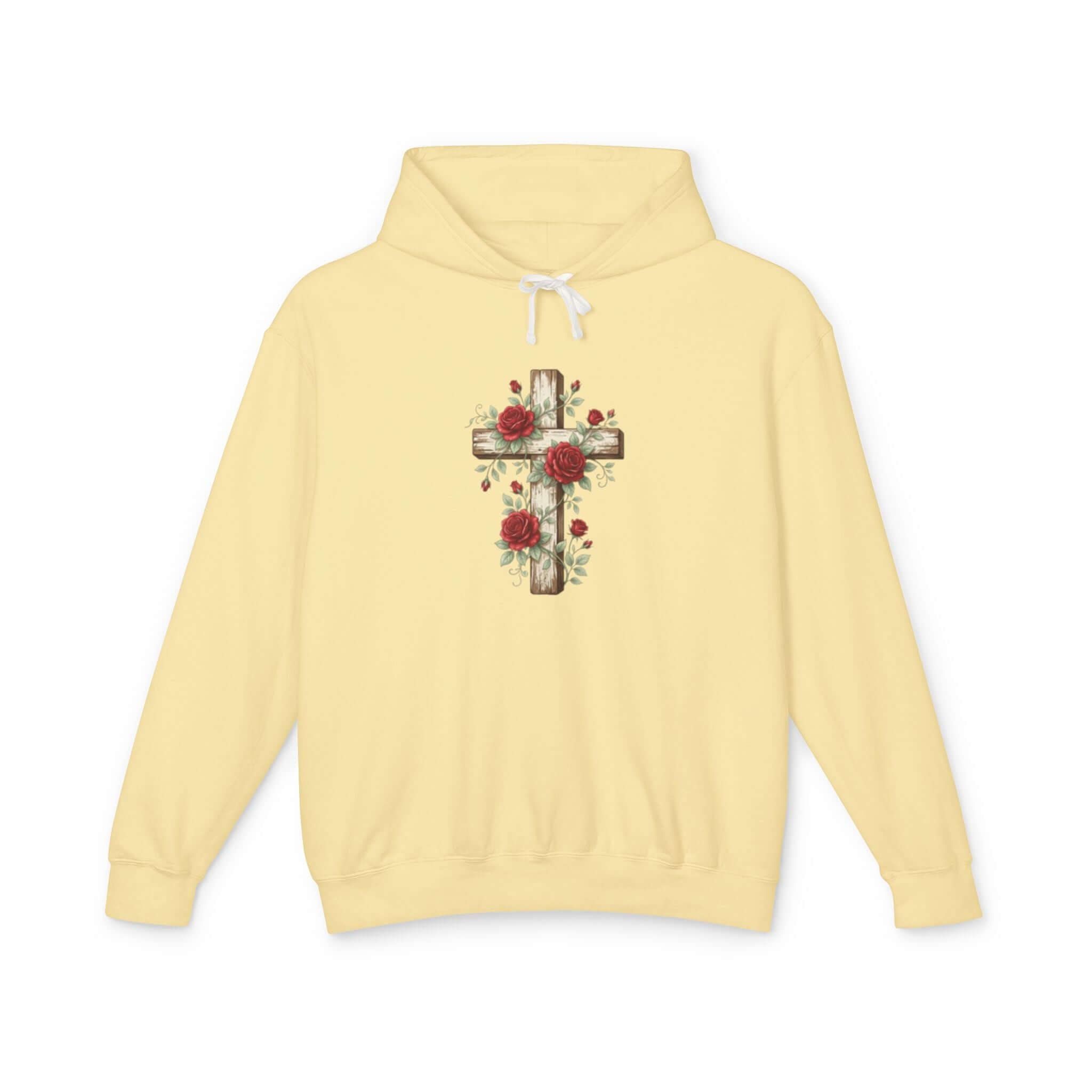 Christian sweatshirt featuring a pale yellow cross design, perfect for casual wear and expressing faith.