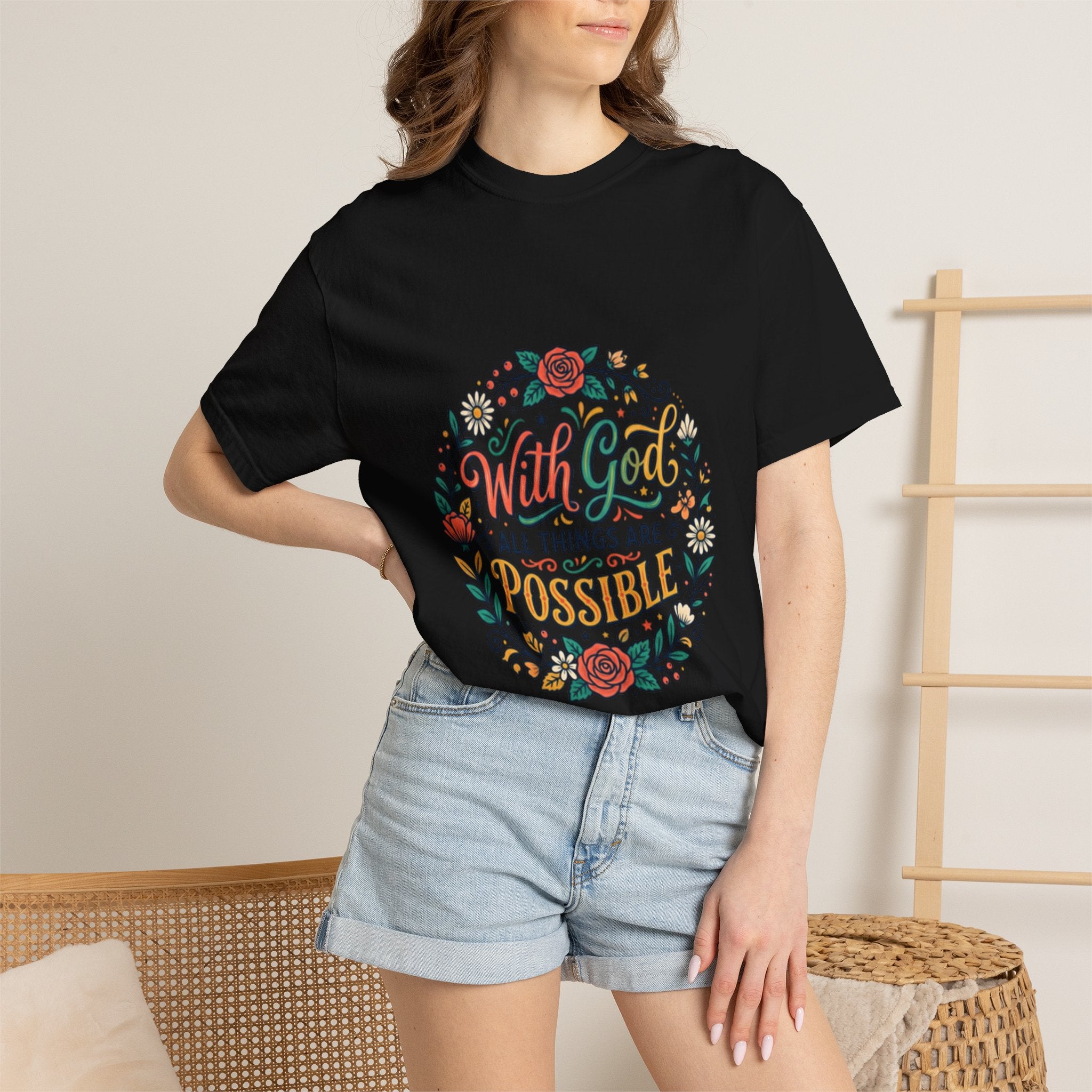 T-Shirt — "With God All Things Are Possible" Floral Faith Tee