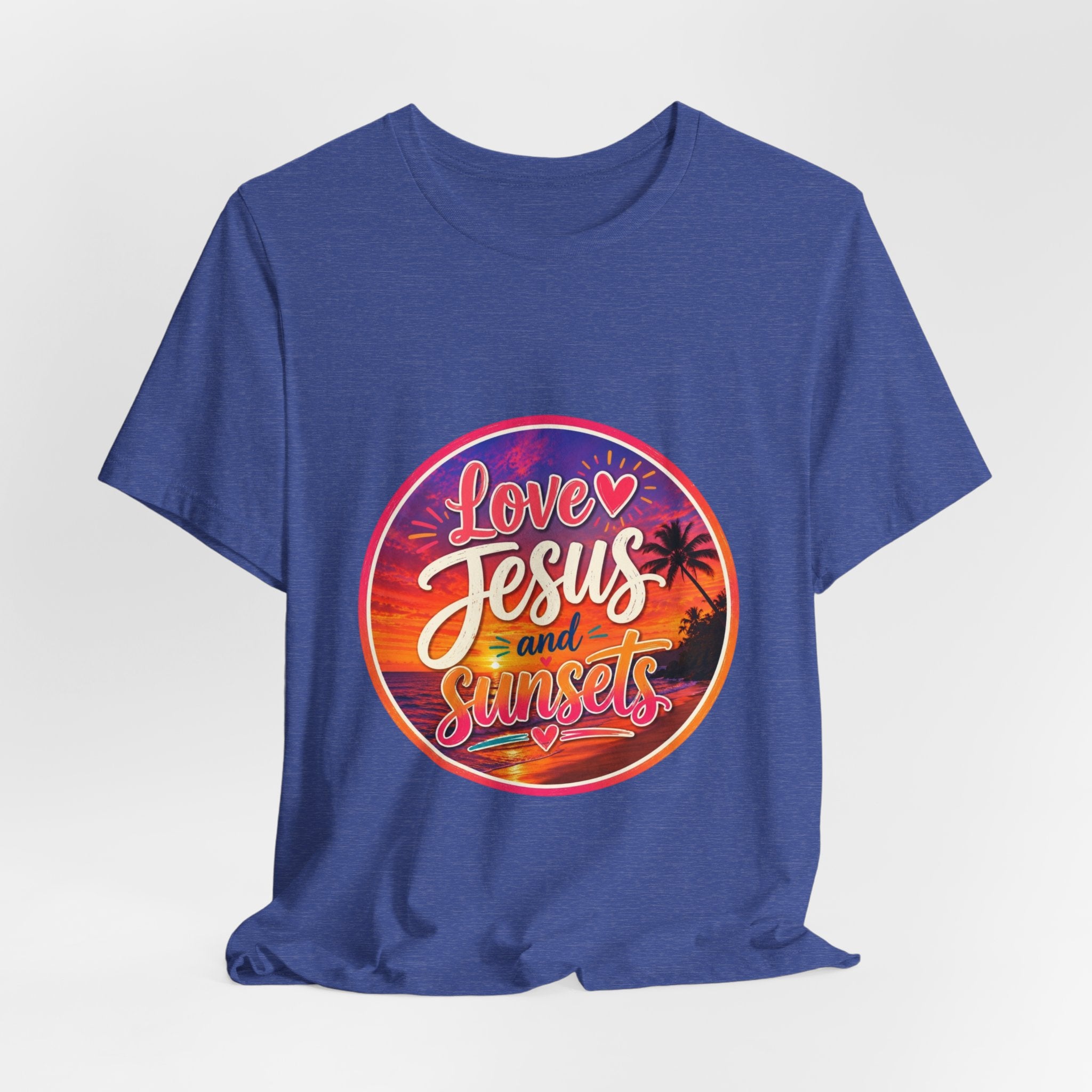 Christian Faith Palm Tree Sunset T-Shirt featuring a vibrant circular print with 'Love Jesus and Sunsets' text.