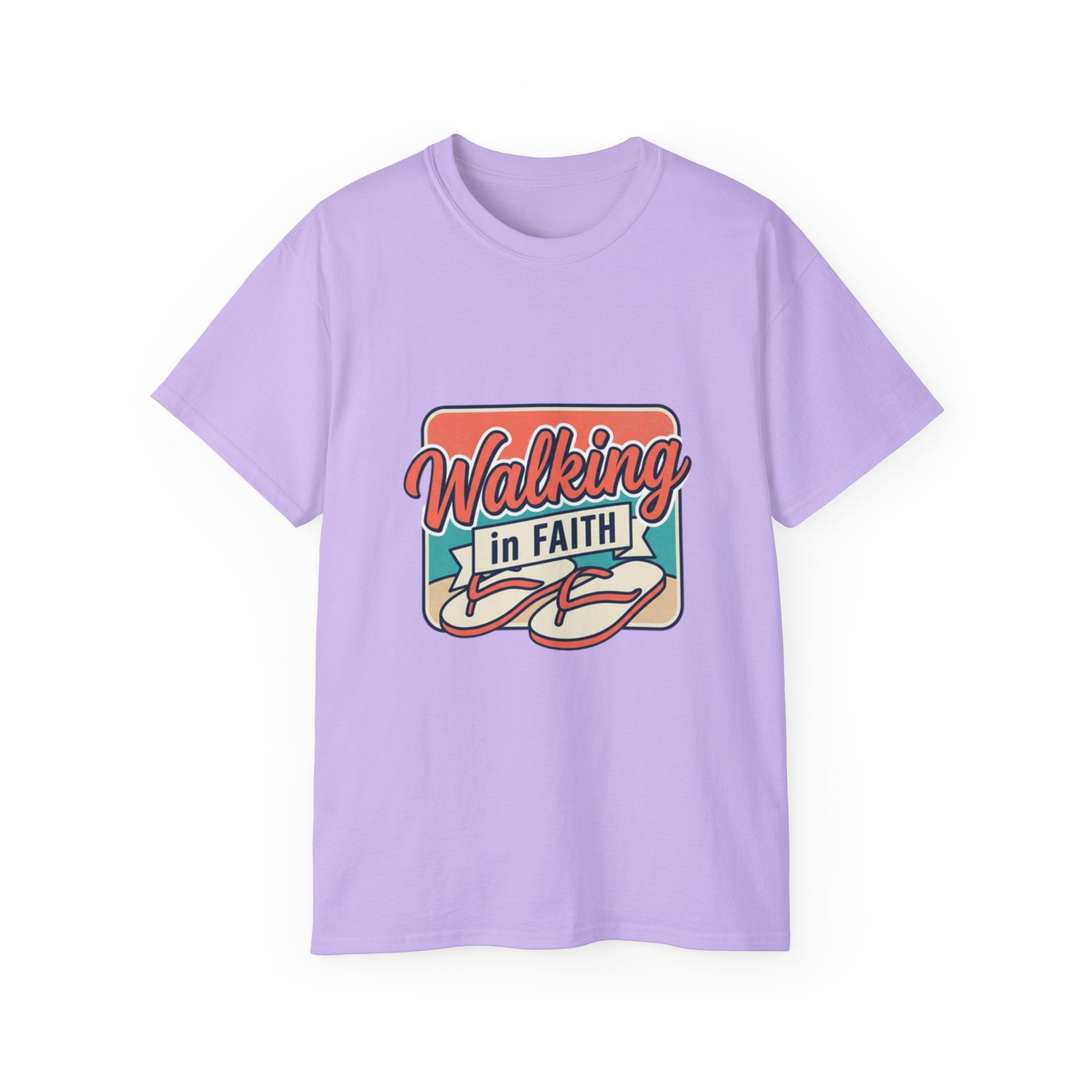 Walking in Faith Beach T-Shirt featuring a colorful design with faith-inspired message on a lavender tee.